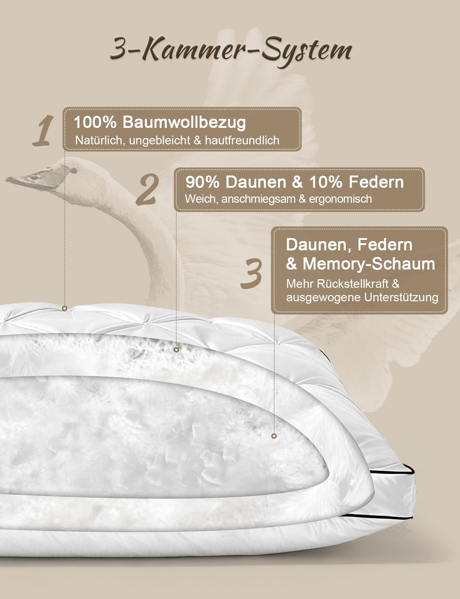 BPC Daunenkissen 80x80 cm 2er Set, 3-Kammer Kopfkissen | 90% Daunen außen & Federkern | Weich und formstabil | 100% Bio-Baumwoll-Bezug | Waschbar & pflegeleicht