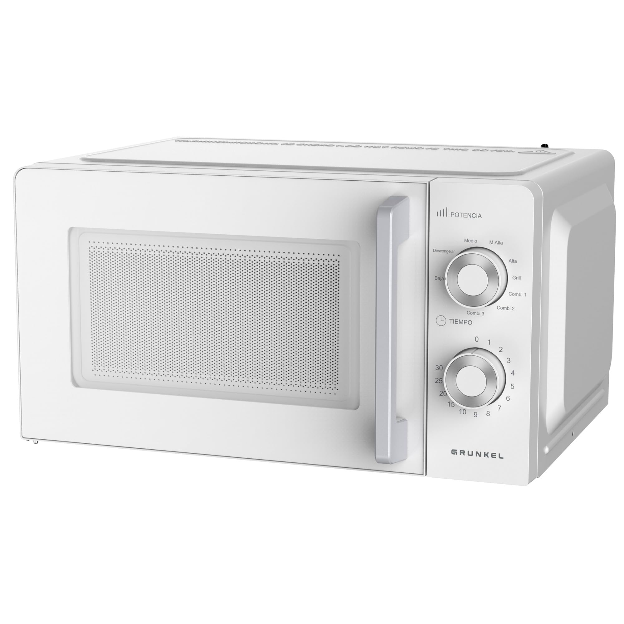 Grunkel Microondas con grill de 20 Litros, 700W + 900W Grill 5-6 Niveles de Potencia, 3 Modos Combinados, Temporizador 30 min Apertura con Tirador y Bandeja Ø245 mm