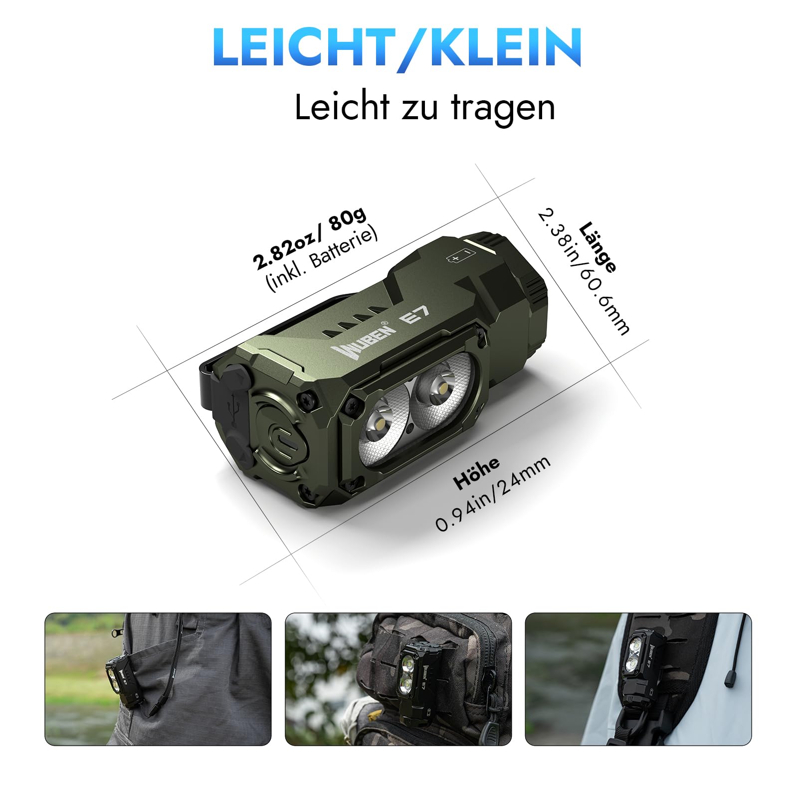 WUBEN E7 1800 lumen verde militare mini torcia ricaricabile con magnete – torcia elettrica super luminosa a 6 modalità EDC LED ricaricabile di tipo C IP68 torcia frontale salvataggio campeggio
