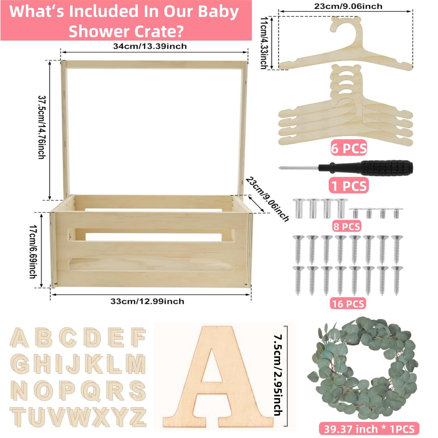 Wooden Baby Shower Crate Closet with 6 Hangers, 2 Sets of 26 Alphabet Letters, 1 Meter Rattan Vine, Baby Clothes Rack - Image 2