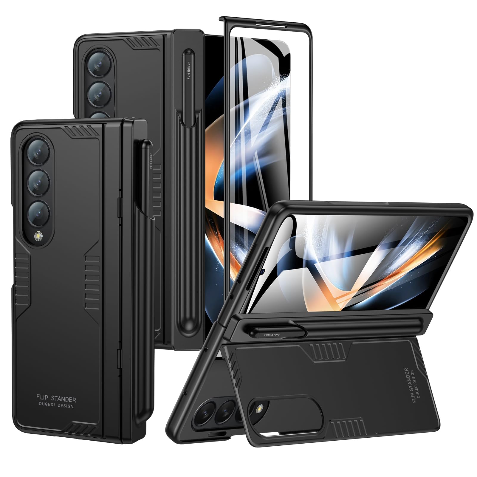 for Samsung Galaxy Z Fold 4 Case: S-Pen Holder & Hinge Protection Design, Kickstand with Built-in Screen Protector 360 Full Protective Wireless Charging Phone Case for Z Fold 4 5G 2022 (Matte Black)