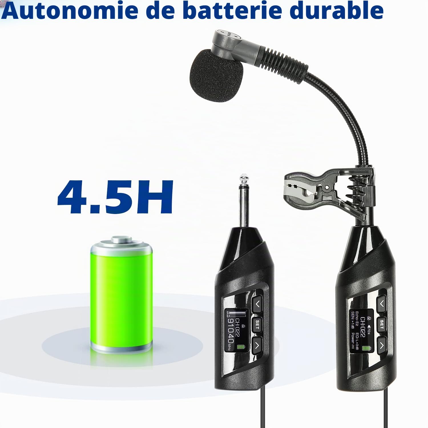 SGPRO microphones sans fil pour saxophone, microphone à clip pour sax et trompette, égaliseur préréglé et niveau d’écho, transmission de 5 m, rechargeable, émetteur et récepteur