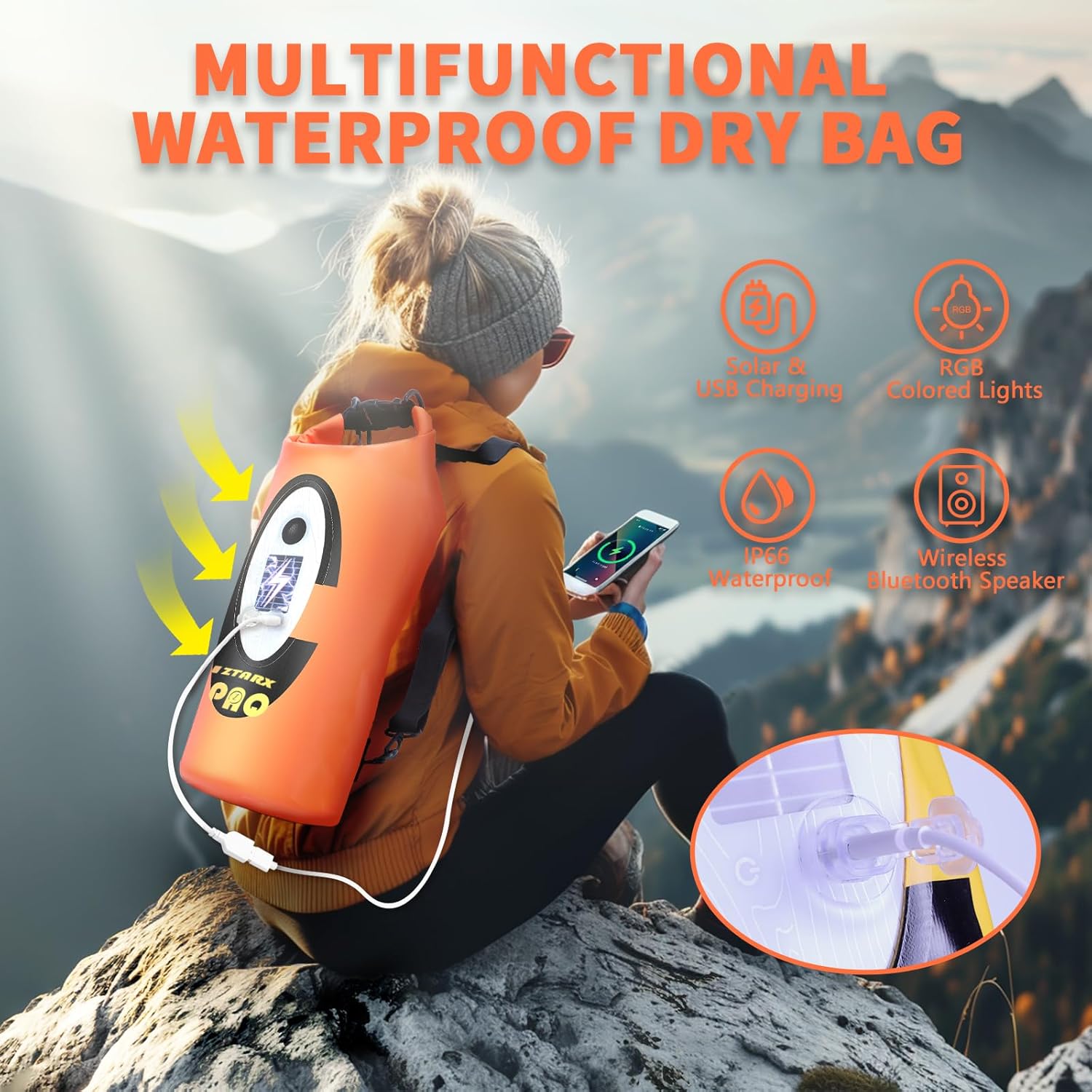 FELICON Solar/Battery Powered Multi-Functional Backpack with Bluetooth Speaker,IP66 Waterproof Dry Bag,Heavy Duty Roll Top Closure,Large Capacity Bag for Camping,Hiking,Traveling (Orange 20L)