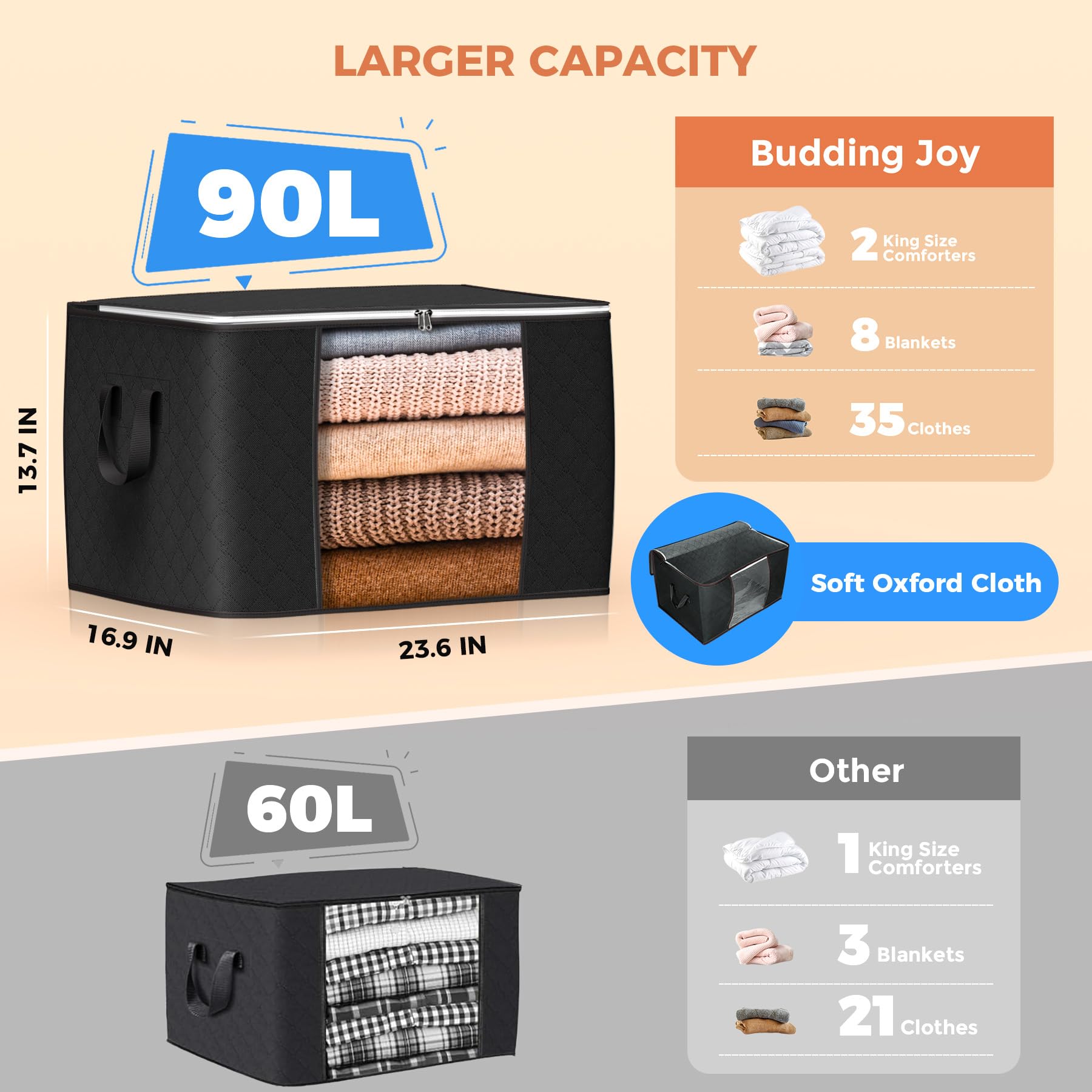 Budding Joy 90L Large Storage Bags, Clothes Storage Bins Foldable, Black