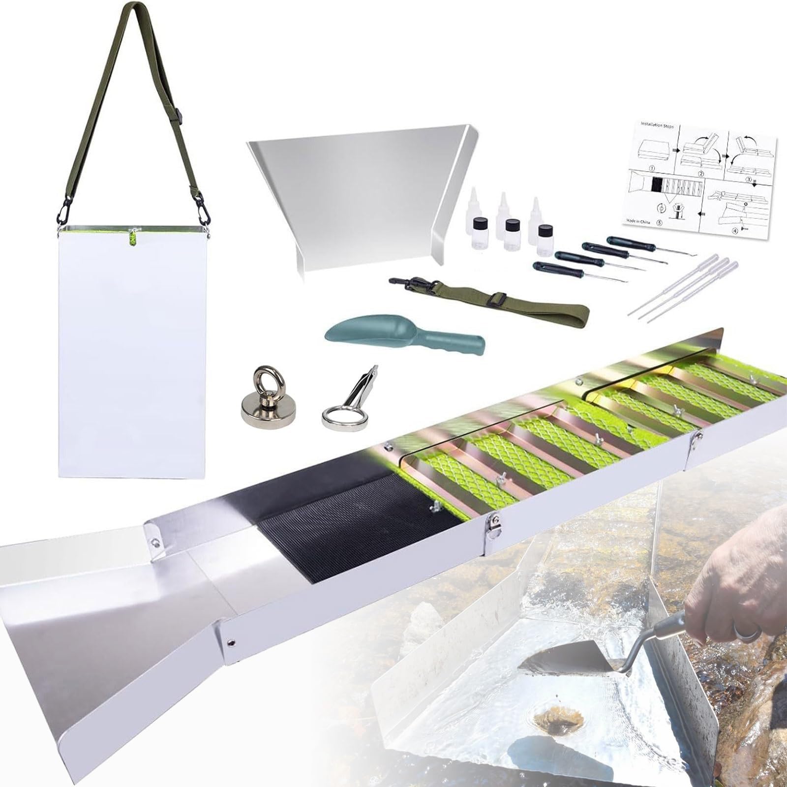 Zestaw Gold Prospecting – 127 cm składana skrzynka na śluzy ze stopu aluminium z 17 szt. przenośnego panoramowania złota, idealna do rzeki, potoku, pogłębiania i poszukiwań