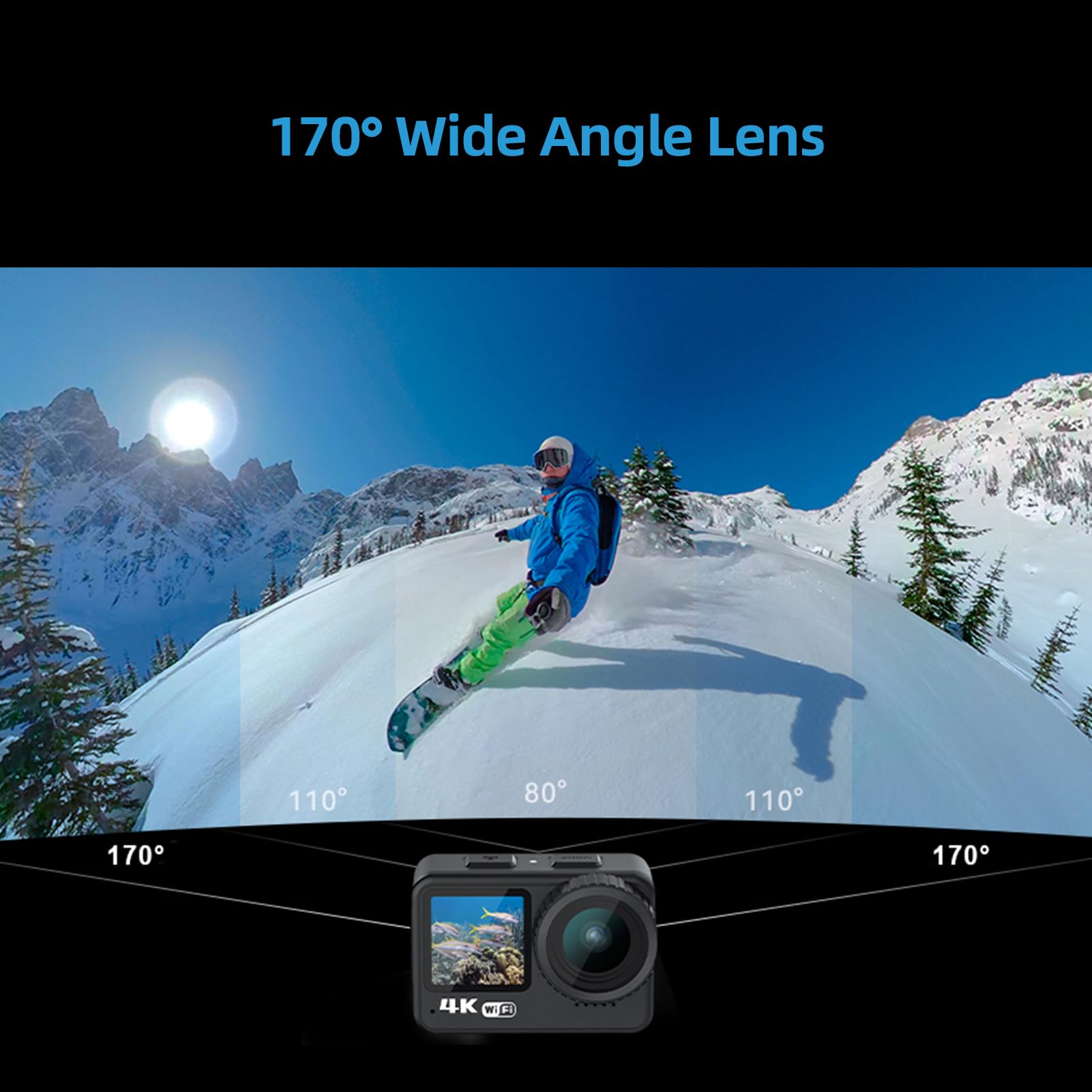 Yctze 4K 60 FPS Kamera Akcji 24 MP WiFi Sports Camera Przygodowa Kamera Przygodowa 170 ° Szeroki Kąt Podwójny Ekran Kontaktowy Anty -shake 21m z Montażowymi Akcesoriami do Nurkowania