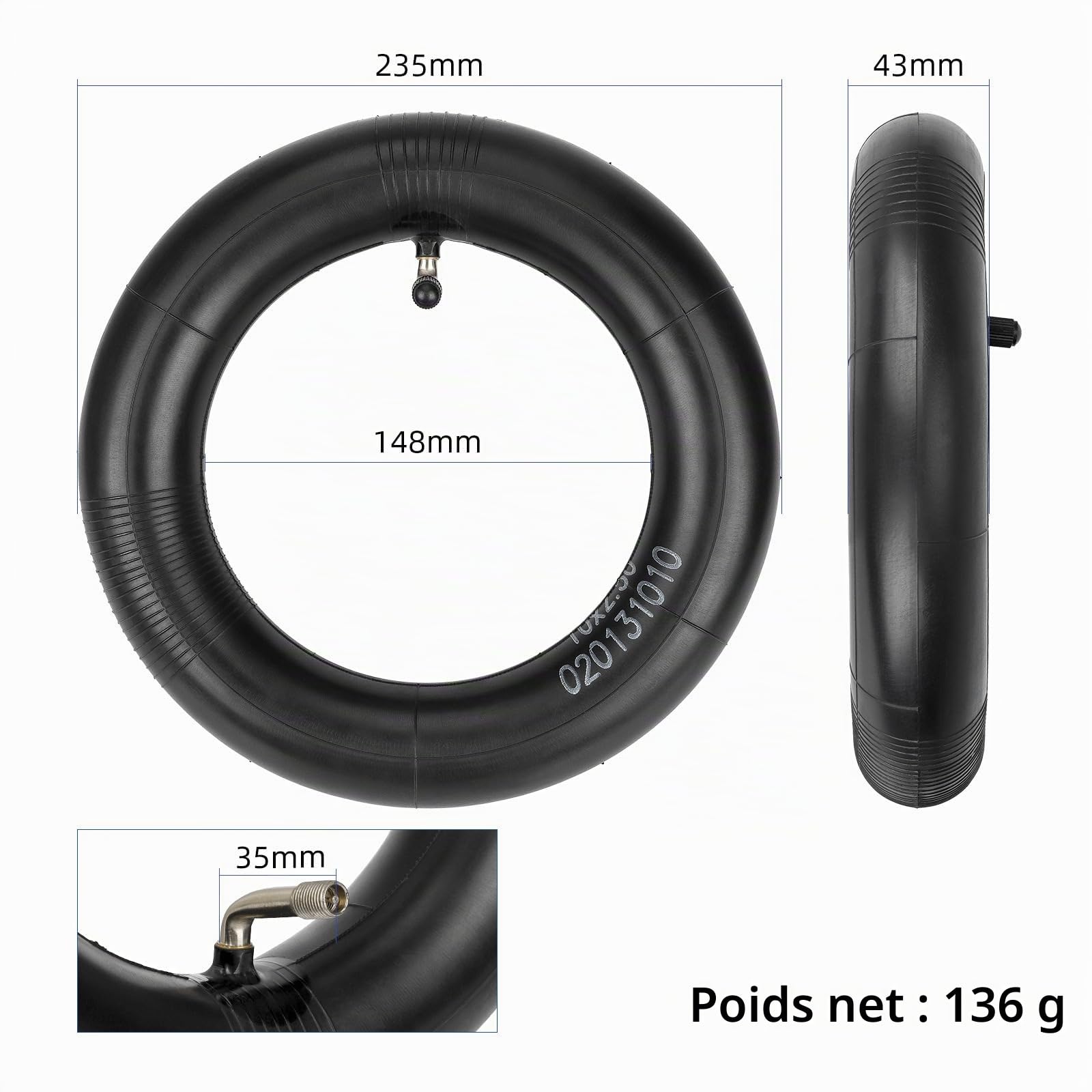 Pneu extérieur et intérieur 255 x 80 pour scooter électrique Kukirin G2 Max, G2 Master, G3 Pro - Pneu standard 255 x 80 + chambre à air 10 x 2,5 avec valve incurvée à 90°