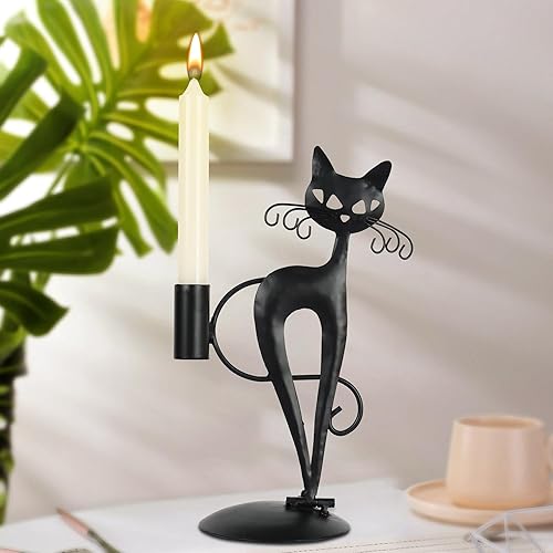 Miniatura 8 de Candelabro cónico de gato negro para velas LED sin llama, candelabro retro rústico de metal para decoración de gato para centro de mesa, mesa de