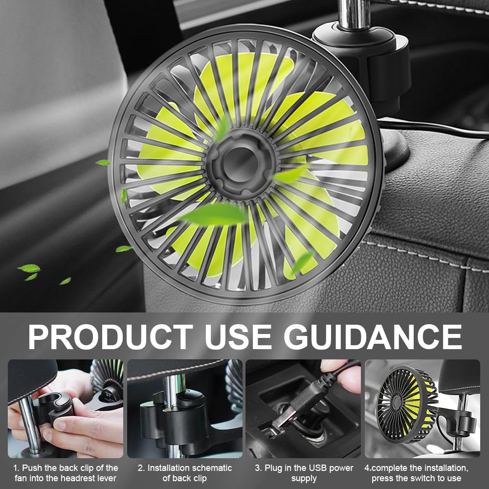 Ventilateur Voiture USB pour Siège Arrière, Refroidissement Silencieux Ventilateur pour Voitures avec 3 Modes de vent fort et Rotation à 360°, pour Voiture, SUV, RV, Camion, Van