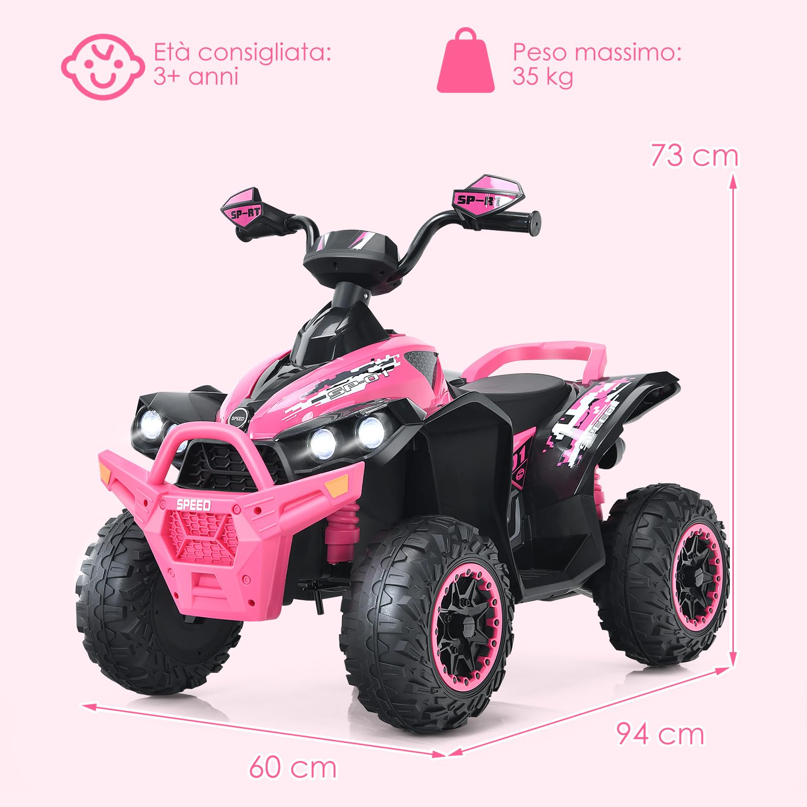 COSTWAY 12V Quad Elettrico per Bambini, Auto Cavalcabile con Luci LED Musica, 2,2-4,3 km/h, Rosa