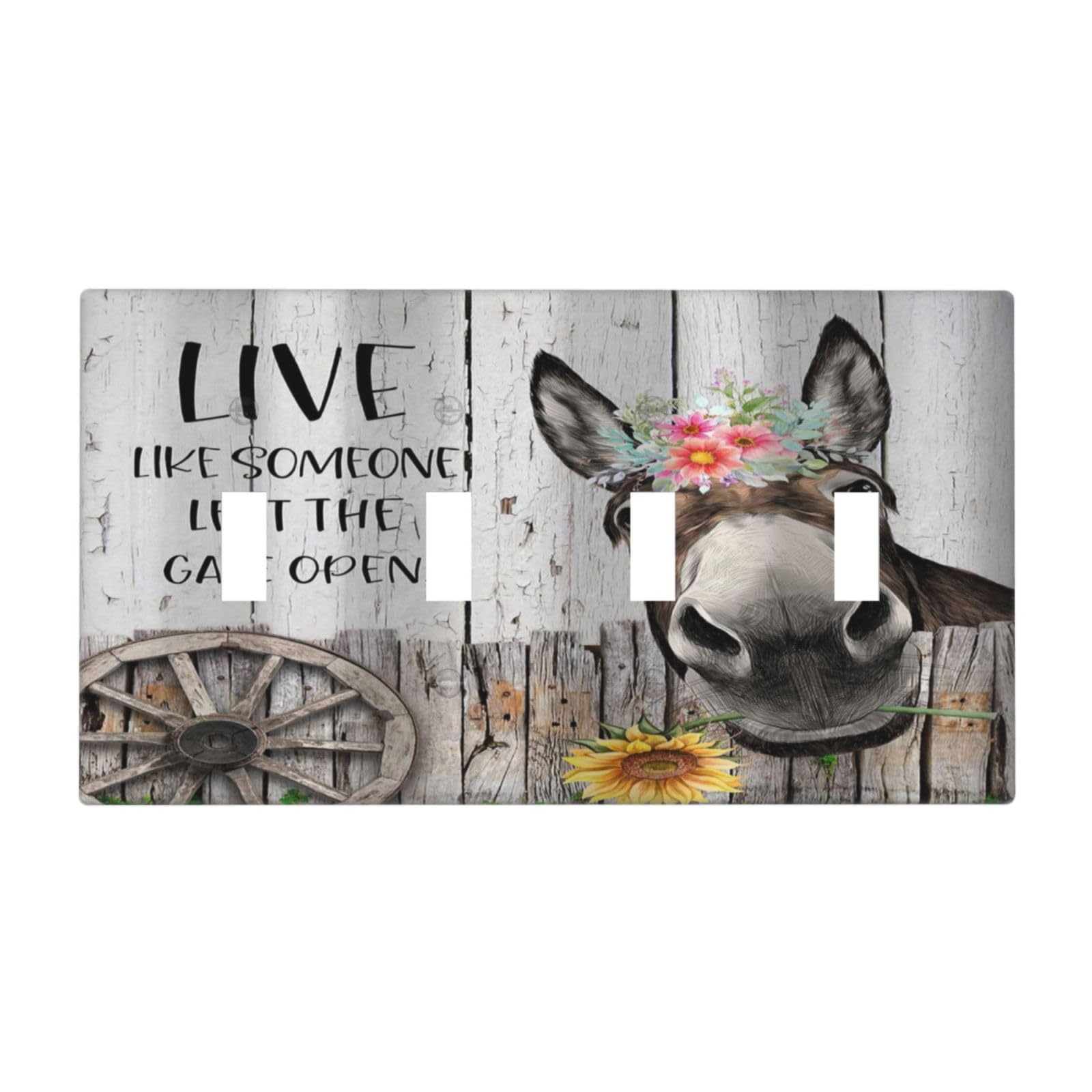 Xuejiaku Decorative Switch Plate Covers Vintage Funny Donkey Rustic Farm Farmhouse Animal Wood Plank 4 Gang Wall Plate Light Switch Cover Plate Quad