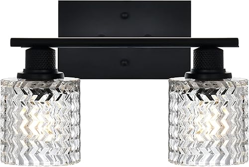 Miniatura 6 de Luces de tocador de 2 luces para baño, aplique de pared negro, accesorios de iluminación de baño con pantalla de vidrio martillado transparente,