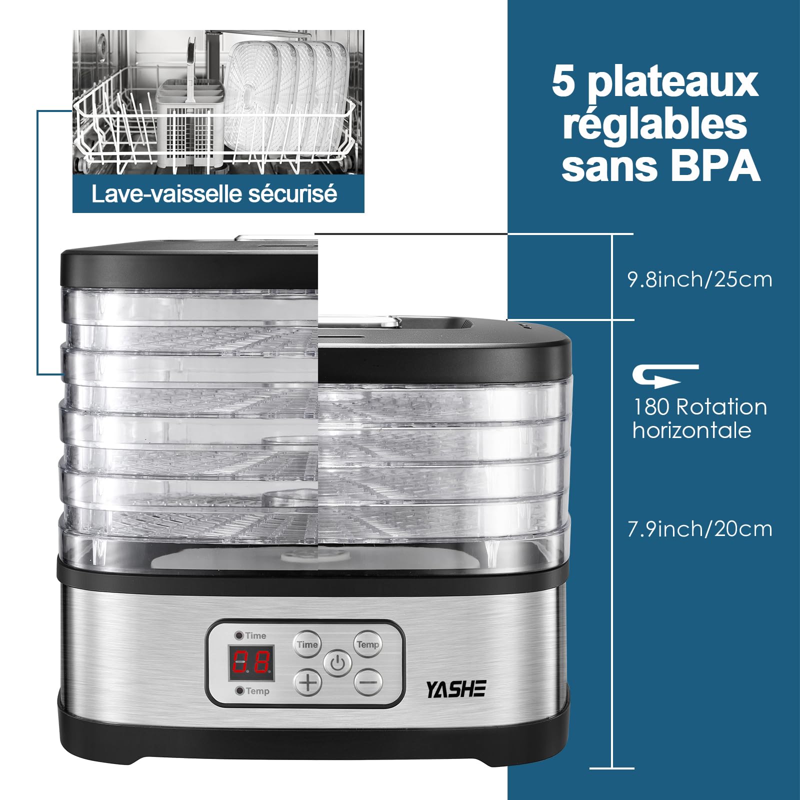 YASHE GGJ-261B Déshydrateur Alimentaire, Contrôle de Température de 35 à 70°C et Minuterie de 72 Heures, 5 Plateaux Réglables en Hauteur, Déshydrateur pour Fruits et Légumes, 240 Watts, Sans BPA
