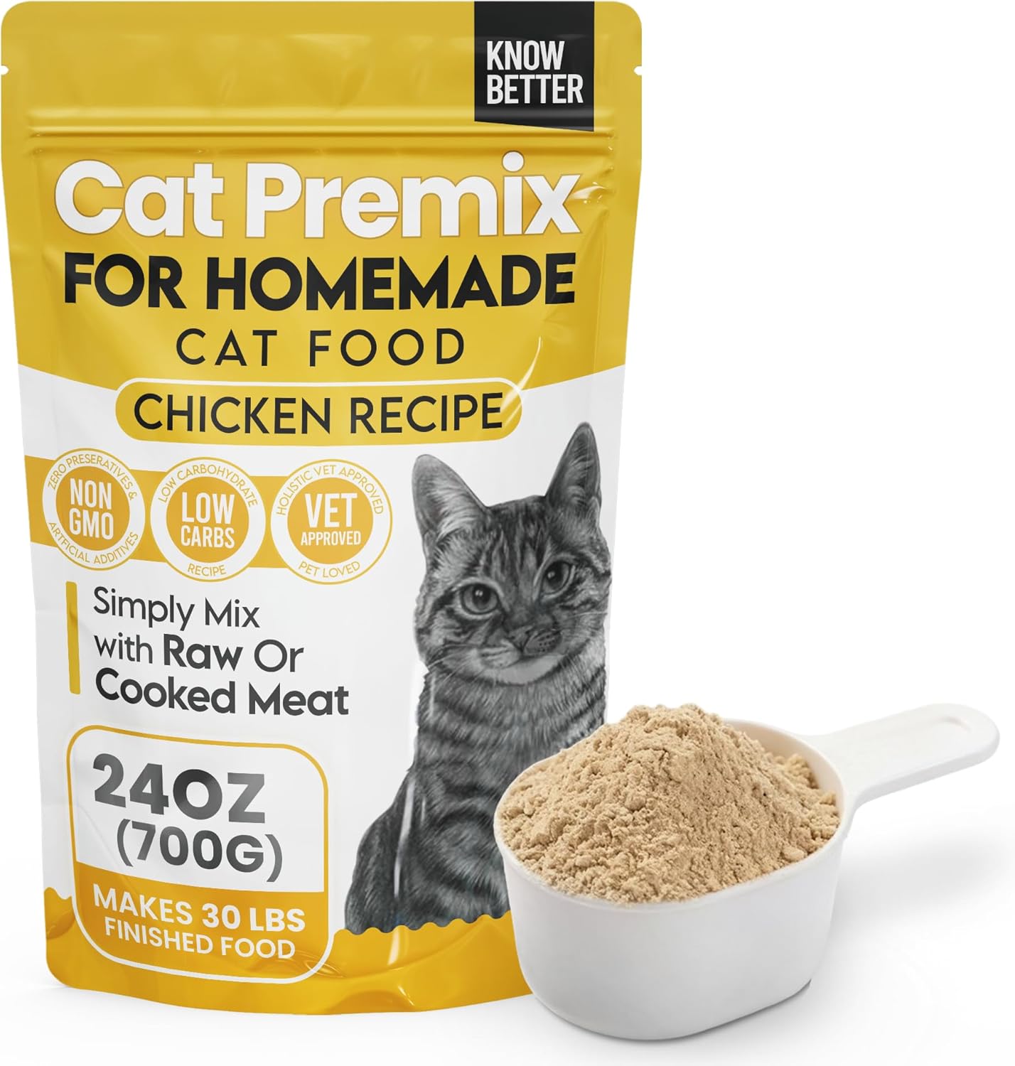 Know Better Chicken Recipe Premix for Raw Or Cooked Cat Food - Natural Supplies Meal Mix with Taurine for Cats - Indoor Cat Food, Raw Nutrition Meal, Feline Premix for Homemade Cat Food - 24 Oz
