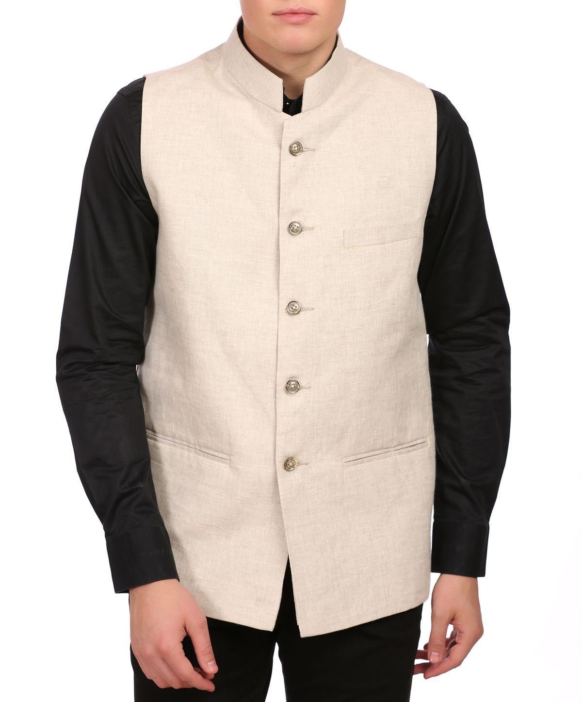 wintage Men's 100% Linen Grandad Collar Festive Cream Nehru Jacket Vest Waistcoat-picture-10