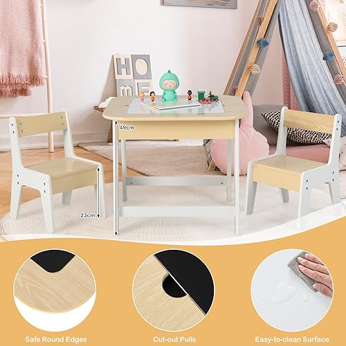 Miniatura 5 de HONEY JOY Juego de mesa y silla para niños, mesa de actividades de madera 3 en 1 y 2 sillas para manualidades artísticas, pizarra reversible, 3