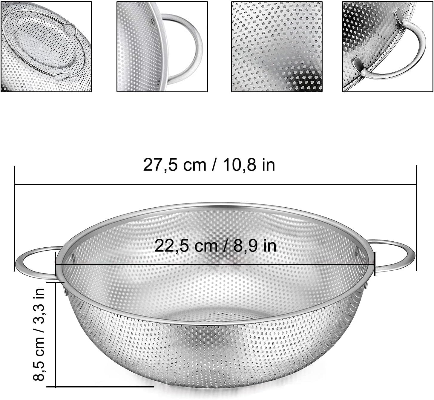 Sito kuchenne z uchwytami, sitko ze stali nierdzewnej, metalowe sitko, do makaronu, ociekacza, warzyw i owoców, ryżu, nadaje się do mycia w zmywarce, 22 cm