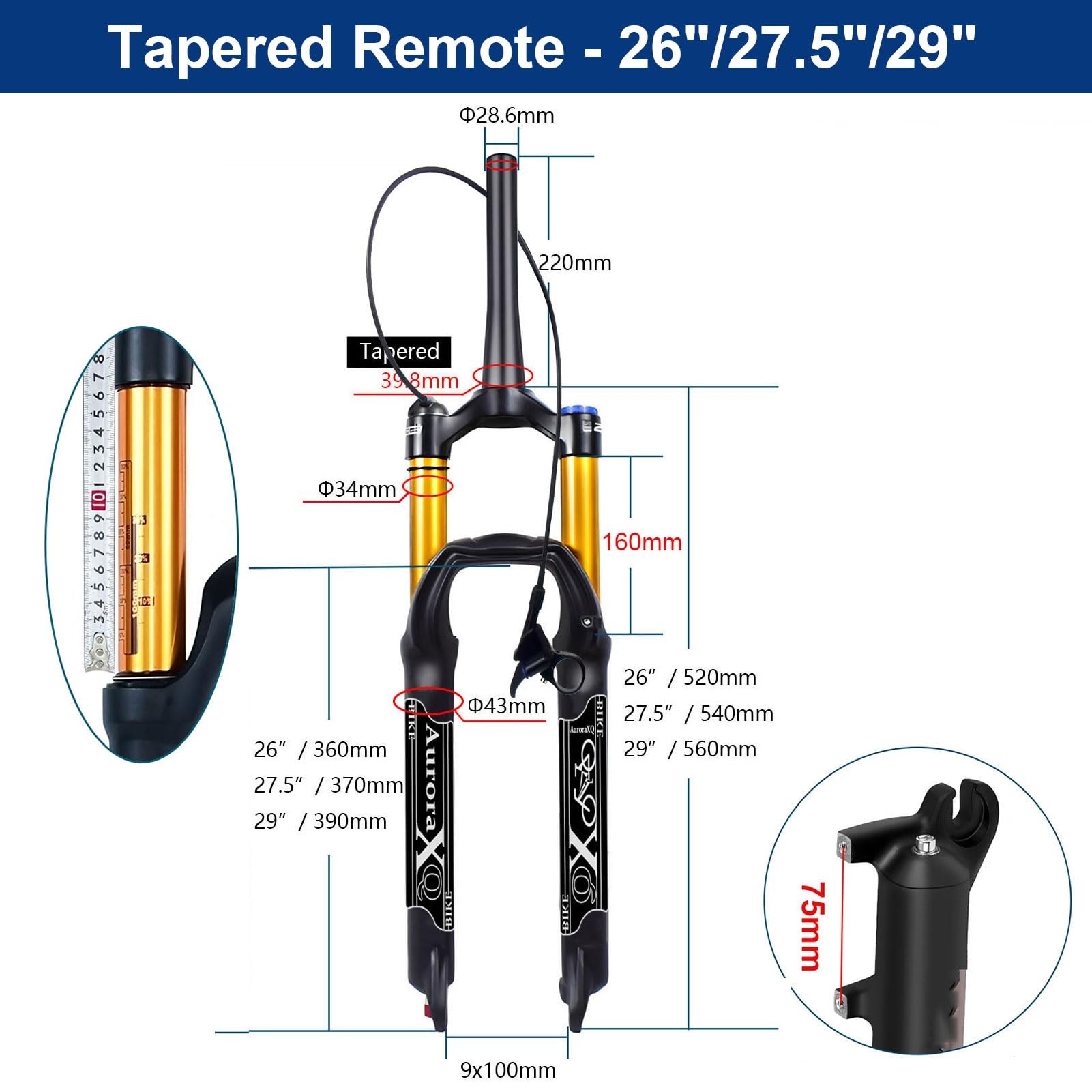 AuroraXQ Fourche Suspension VTT Vélo de Montagne 26/27,5/29 Pouces 160mm Voyage Bicyclette Fourche Avant à Air for Cyclisme de Descente - Noir