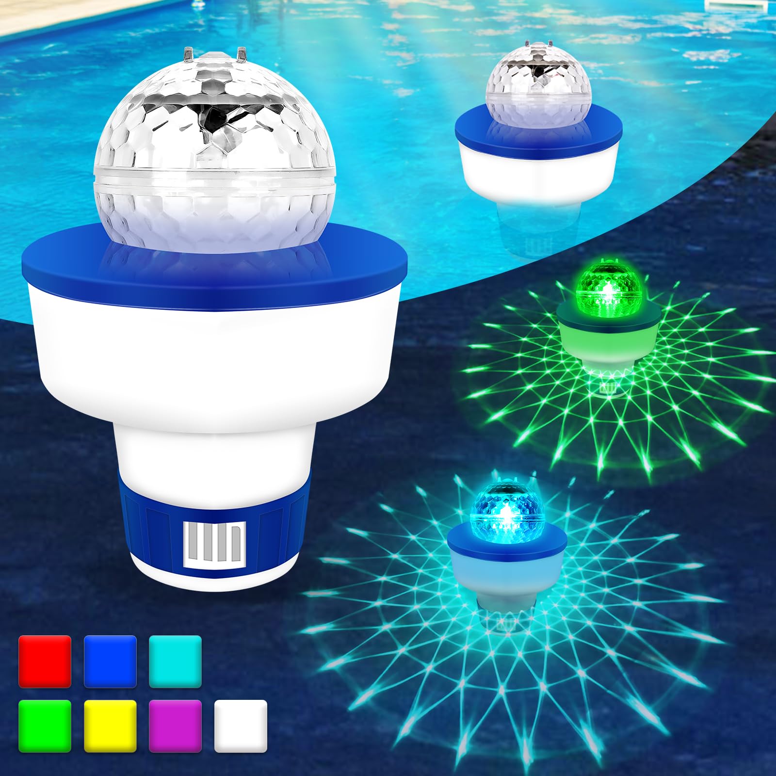JONRRYIN Dispensador Cloro Piscina Flotante, Dosificador Cloro Piscina con Colores LED Luces de Bola Solares, Flotador Cloro para Mantenimiento de Piscinas, SPA, Fuente, Admite 6 * 3" Tabletas Cloro