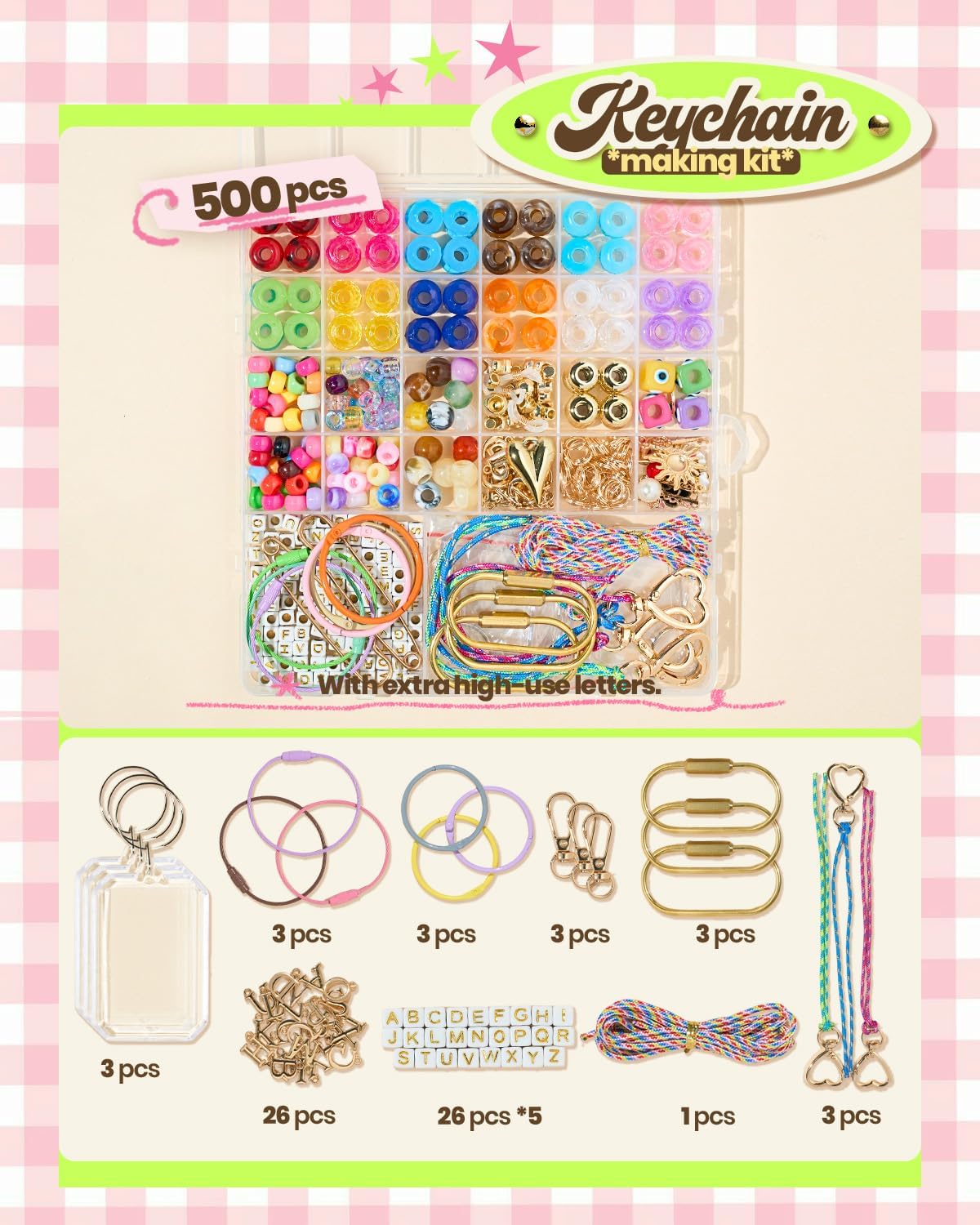 500 Pcs Keychain Making Kit with Carabiners, Paracord Beads for Keychains