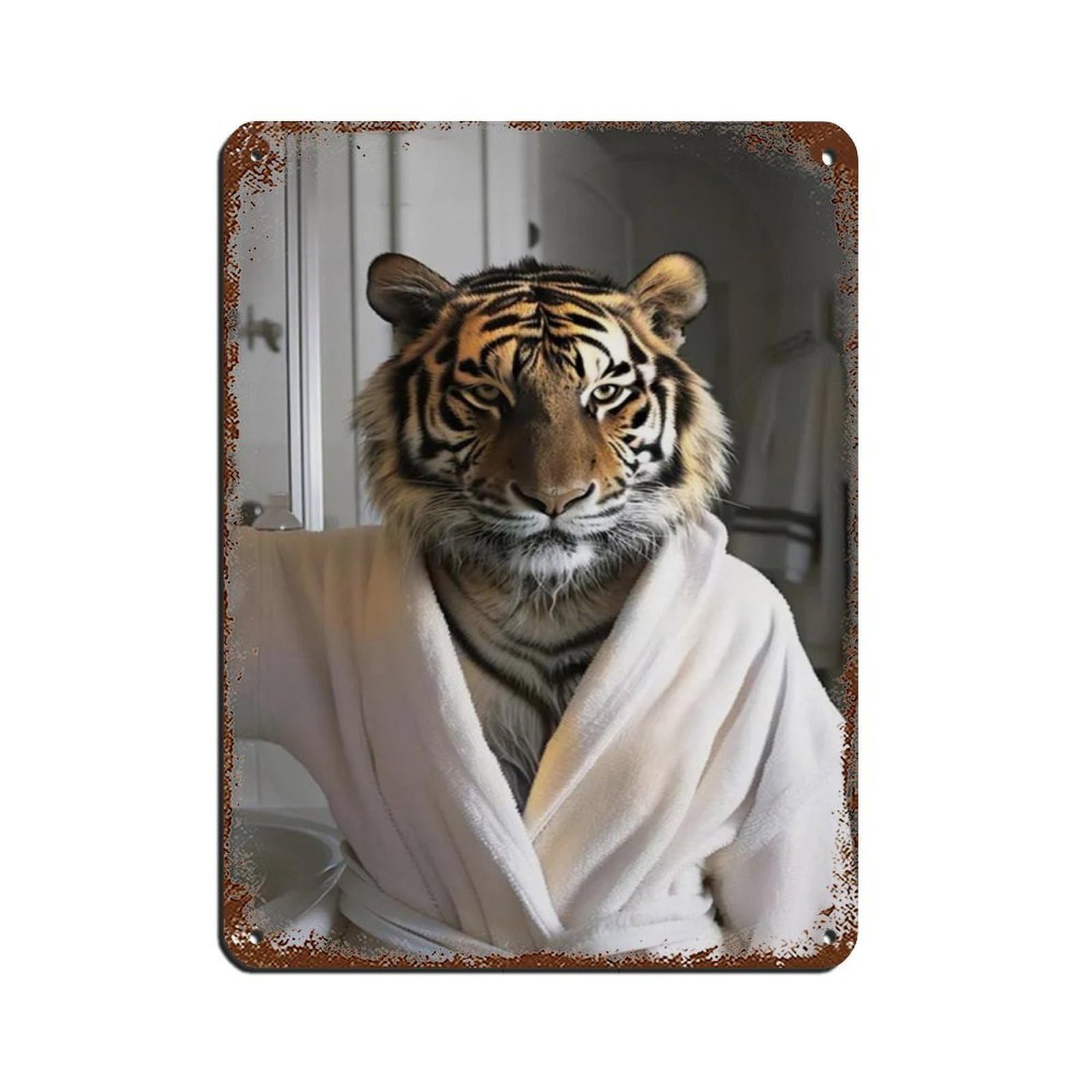 Funny Tiger in Bathrobe, Bathroom Art Retro Poster Metal Tin Sign Chic Art Retro Iron Painting Bar People Cave Cafe Family Garage Poster Wall Decoration 12x16inch(30x40cm)