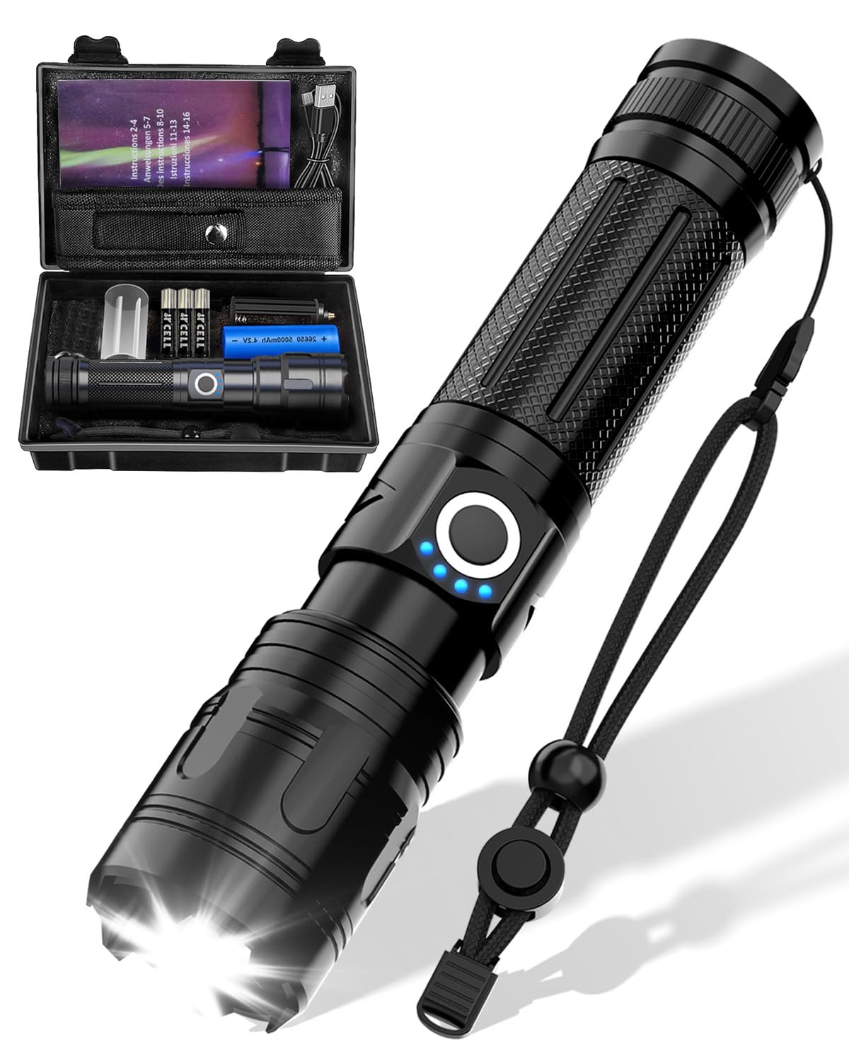 Maxesla Rechargeable Torch Set, Reverse Charging, Battery Indicator 5000mAh, 5 Modes, IPX5, Zoomable Flashlight Super Bright Torch for Camping, Emergency, 26650 & 3 AAA Bettery Included