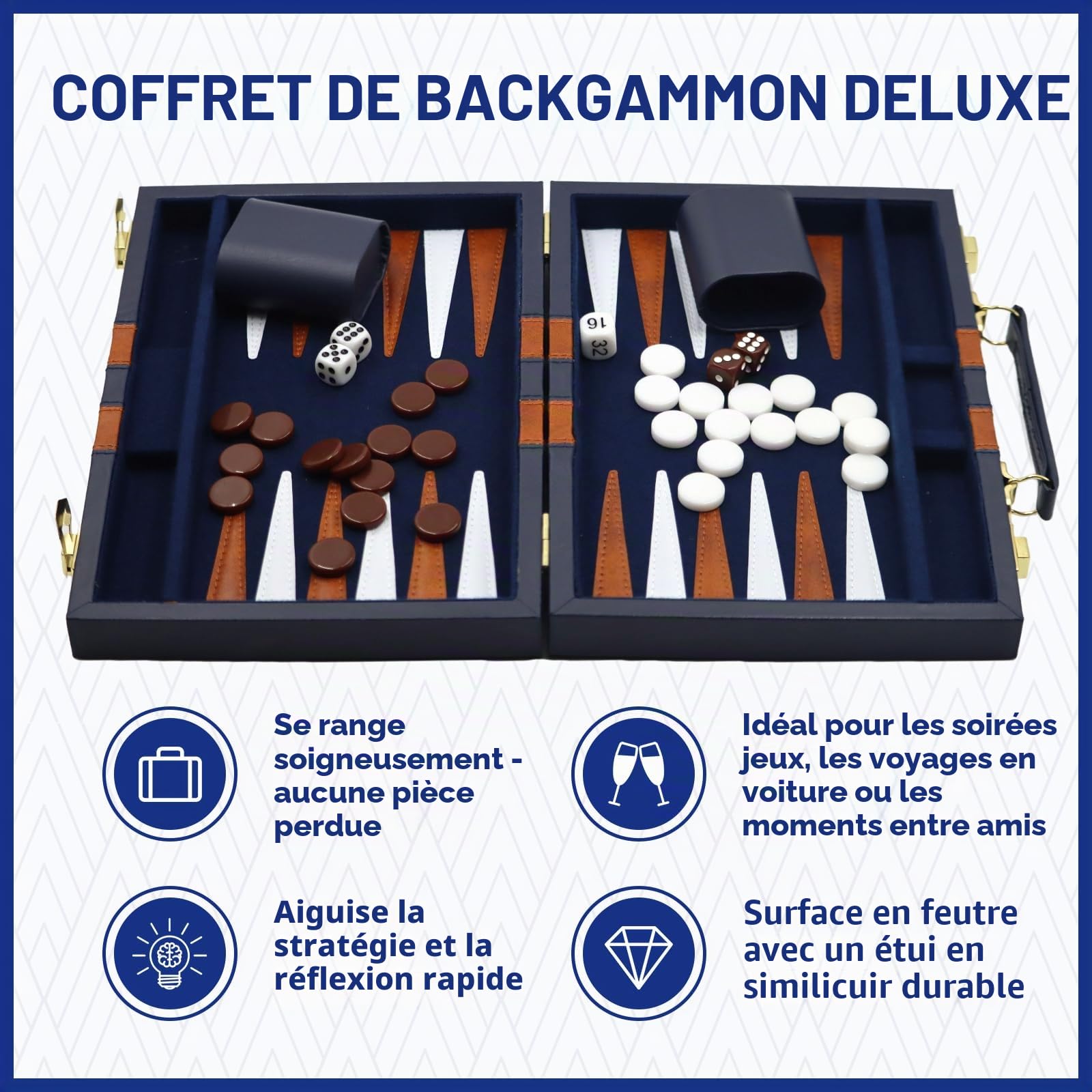 Jeu de Backgammon en Bois avec Étui en Cuir de Qualité Supérieure et Kit de Backgammon de Voyage Portable (Bleu) - Pour 2 Joueurs à partir de 8 ans