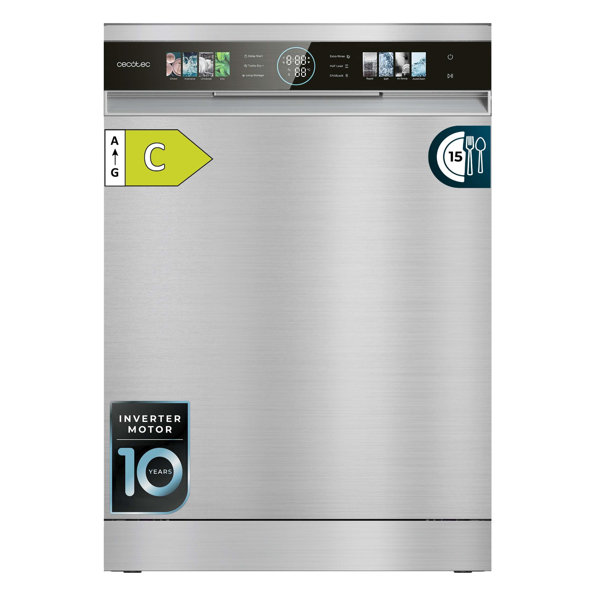 Cecotec Lavastoviglie Compatto 60cm Bolero Aguazero 6620 Inox C. 1850W, 15 Coperti, 8 Programmi, Motore Inverter, Schermo FullColor, Smart Wash, Turbo Dry+, AutoClean, Mezza Carica, Avvio Ritardato