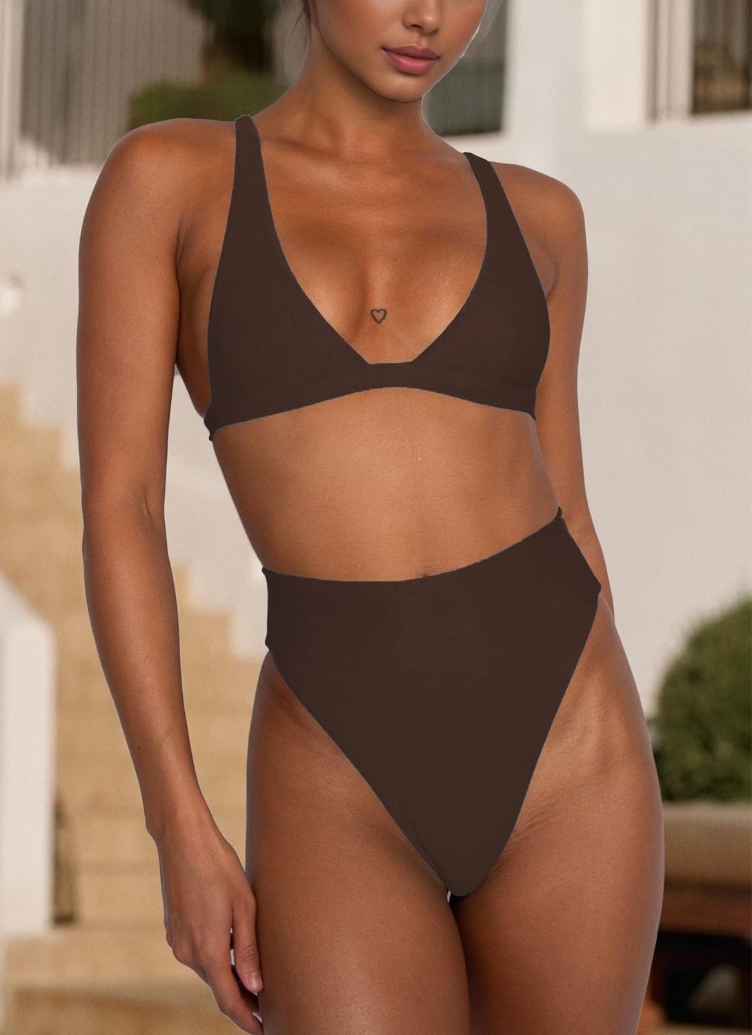 Women's High Waisted Tummy Control Bikini Set V Neck Adjustable Straps Bikini Top 2 Piece Bathing Suit
