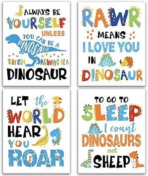 Inspirational Dinosaur Room Decor for Boys Girls - Wall Art Set of 4 8"X10" Unframed - Bedroom Nursery Classroom Quote Decor