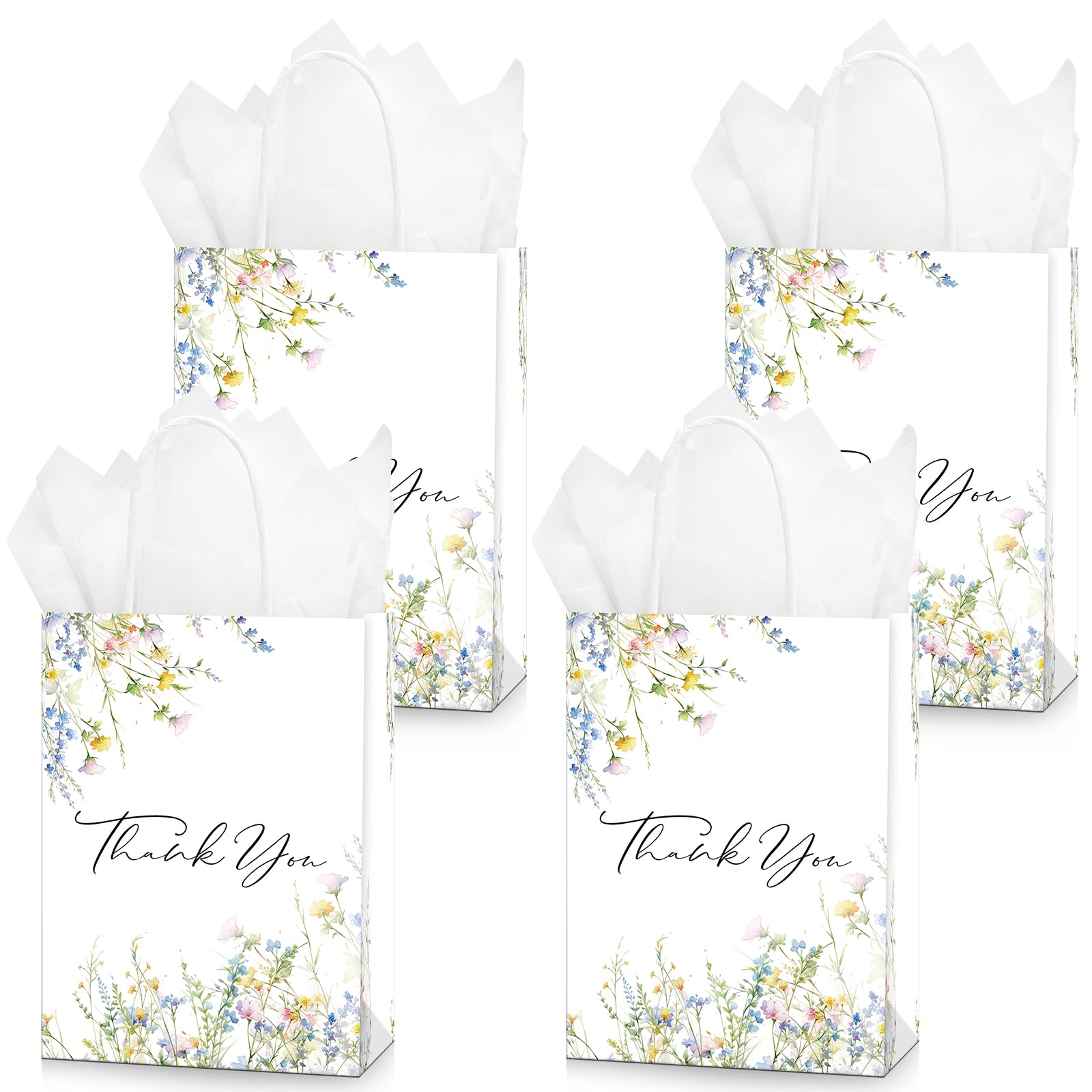 QIELSER 30 sacchetti regalo di ringraziamento in carta velina con motivo floreale ad acquerello con manico per compleanno, baby shower, addio al nubilato, matrimoni, tutte le occasioni, 21,1 x 15,2 x
