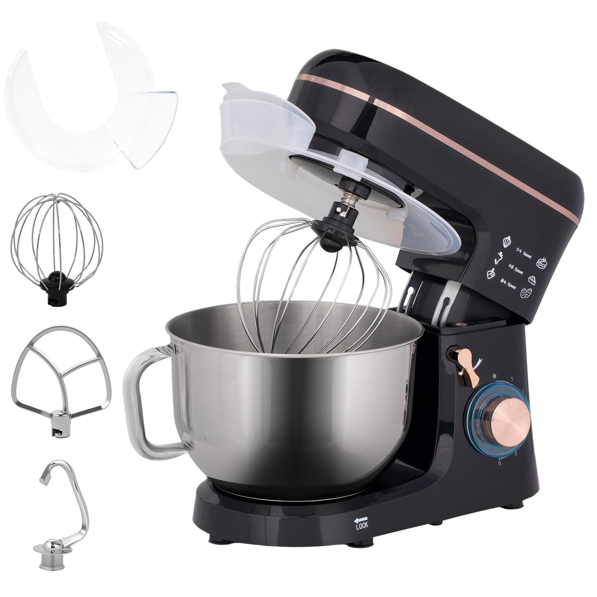 HOMCOM Robot de cocina de 1400 W con velocidad de 6 + P, amasadora con cuenco de acero inoxidable de 5,5 L, con gancho para amasar, protección contra salpicaduras, batidor, gancho para mezclar