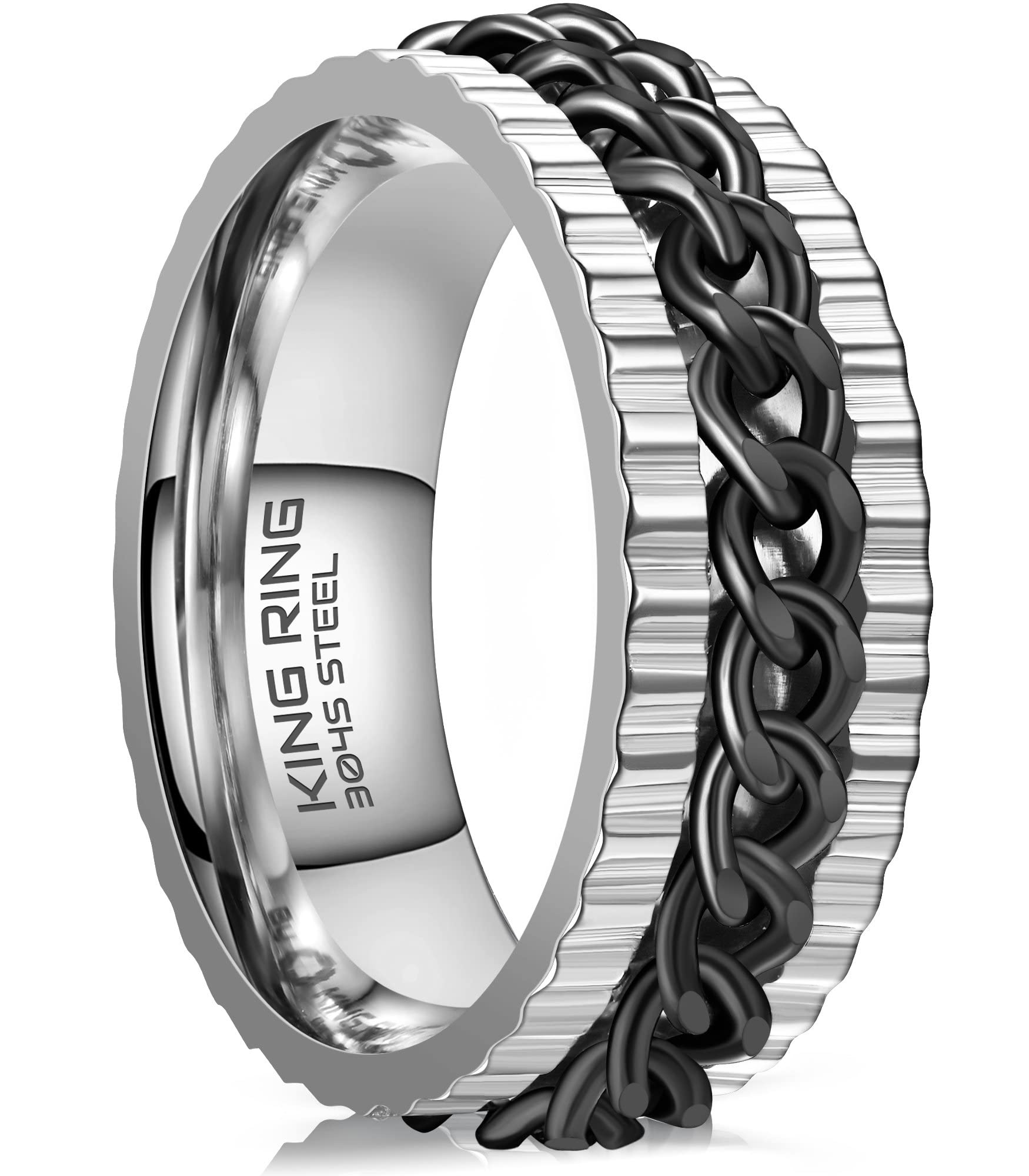 King Ring8mm Sonic Fidget Ring – K14 Stainless Steel Curban Chain Spinner Ring for Men & Women – Designed in USA