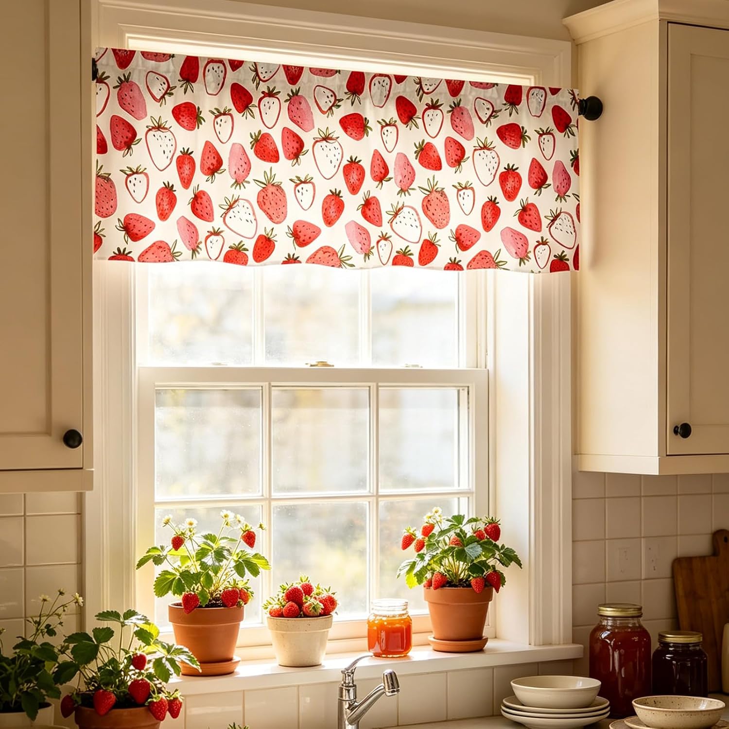 Strawberry Valance 54x18 Inch Summer Fruit Strawberry Kitchen Decor Window Curtains Rod Pocket Farmhouse Dining Room Decor Spring Tier