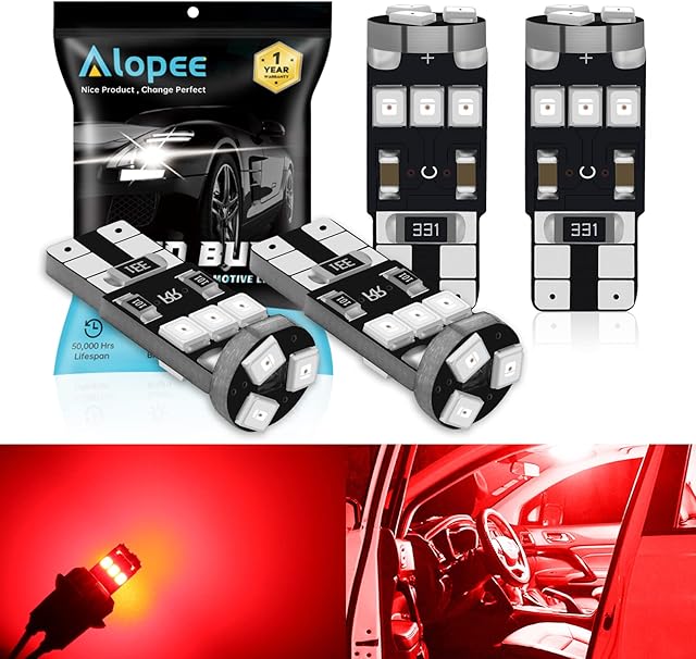 Alopee 4-Pack T10 501 W5w Red Canbus Error Free LED Bulbs,9-SMD 2835 Chipsets Car Replacement Bulb For 194 168 2825 Map Dome Courtesy License Plate Side Marker Light (12V)