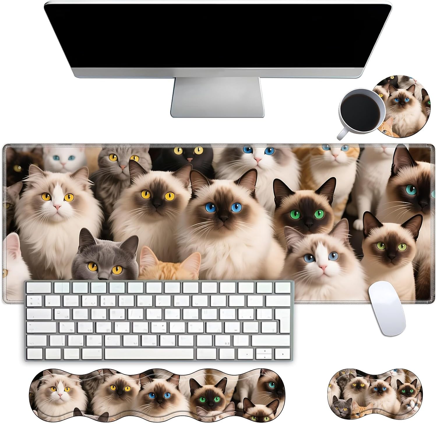 Desk Mat Large Gaming Mouse pad Set 31.5x11.8 inch [4in1Mousepad + Keyboard Wrist Rest+Mouse Wrist Rest+Coaster ] with Ergonomic Desk Pad for Home Office Table Computer - Cute Chicken