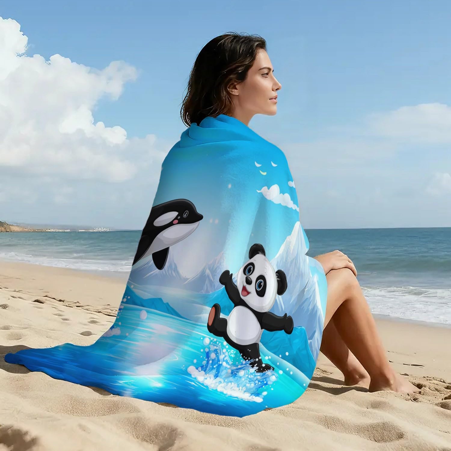 Générique Drap de Plage Anti Sable Sechage Rapide 180 cm x 160 cm Cartoon Fun Serviette de Plage Microfibre Aventure Nature Paysage Animaux Panda Baleine Absorbante Super Couverture de Plage