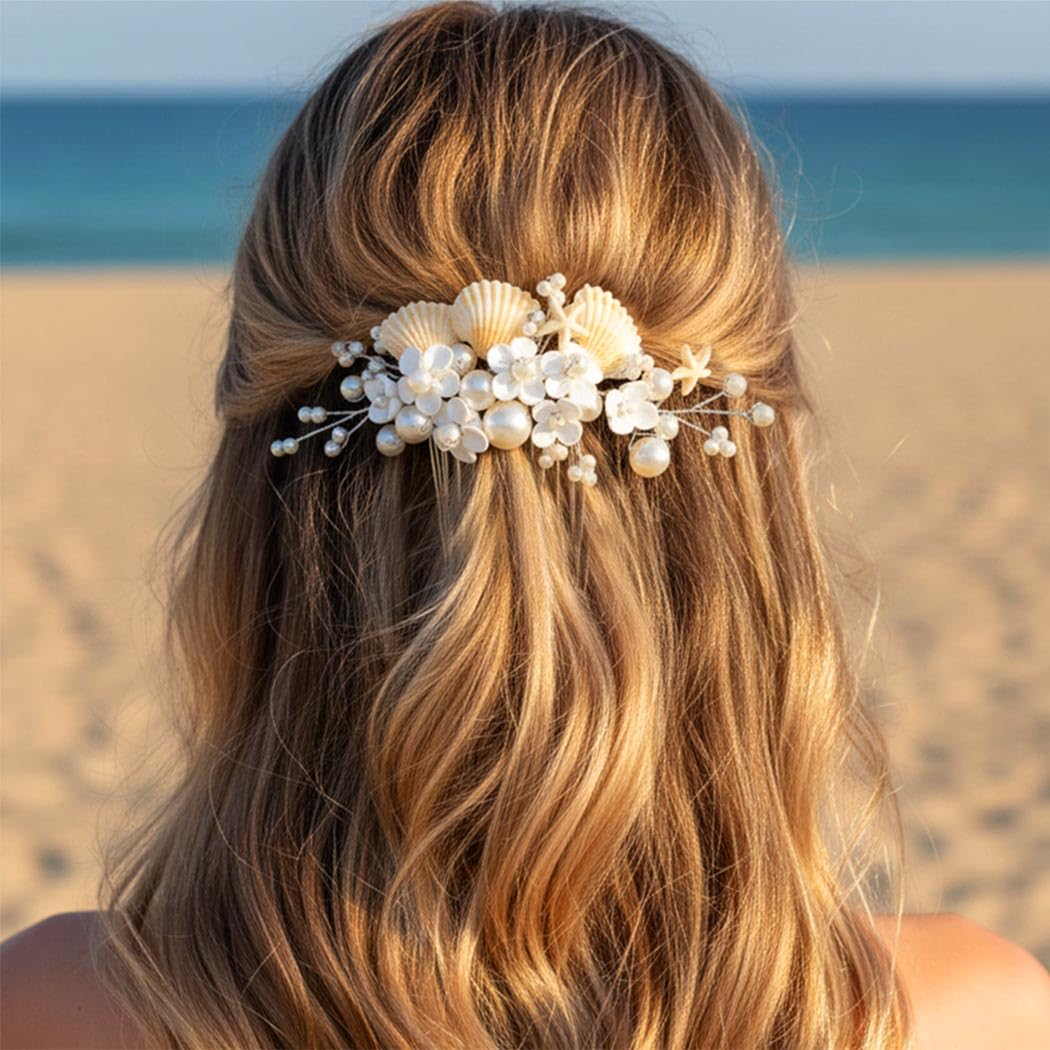 Kilshye Flower Bridal Hair Comb Silver Shell Wedding Hair Pieces Pearl Prom Hair Accessories for Women and Brides - Image 5