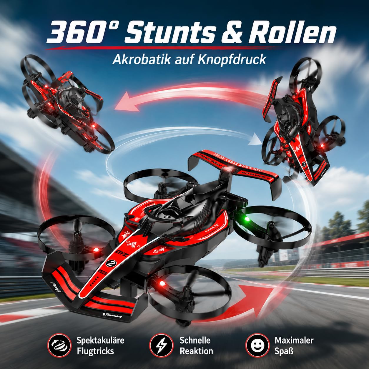 RC Flugauto 2 in 1, Fliegendes Auto mit Fernsteuerung, RC Drone Auto mit LED Beleuchtung, Drift Car & Quadrocopter, 2,4 GHz, Headless Mode, EIN-Tasten-Start, 2 Akkus, Kinder (Rot)