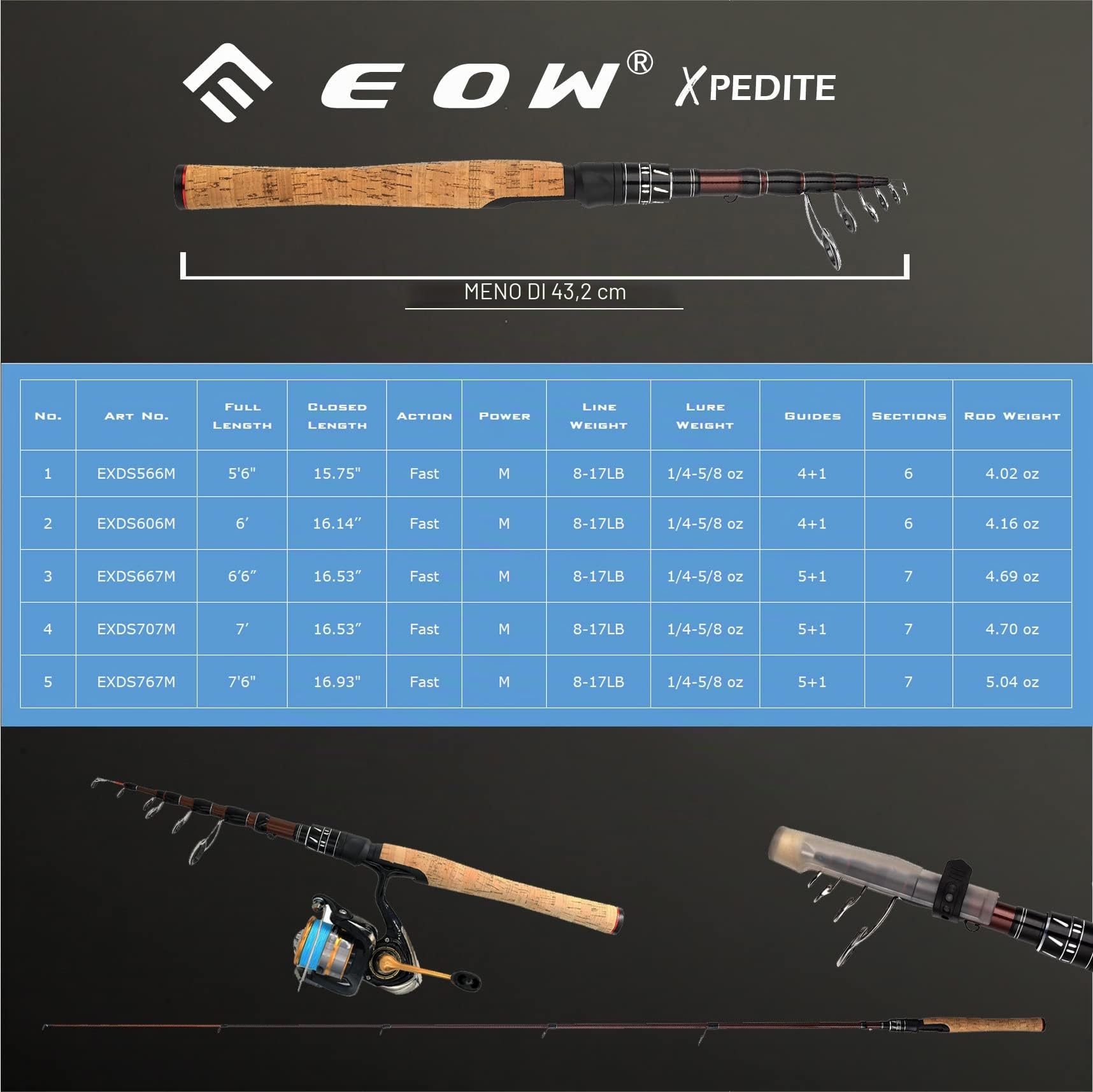 EOW Xpedite - Canna da pesca telescopica portatile, 24 denti in carbonio e punta in carbonio solido, manico in sughero, canna da viaggio, leggera e corta