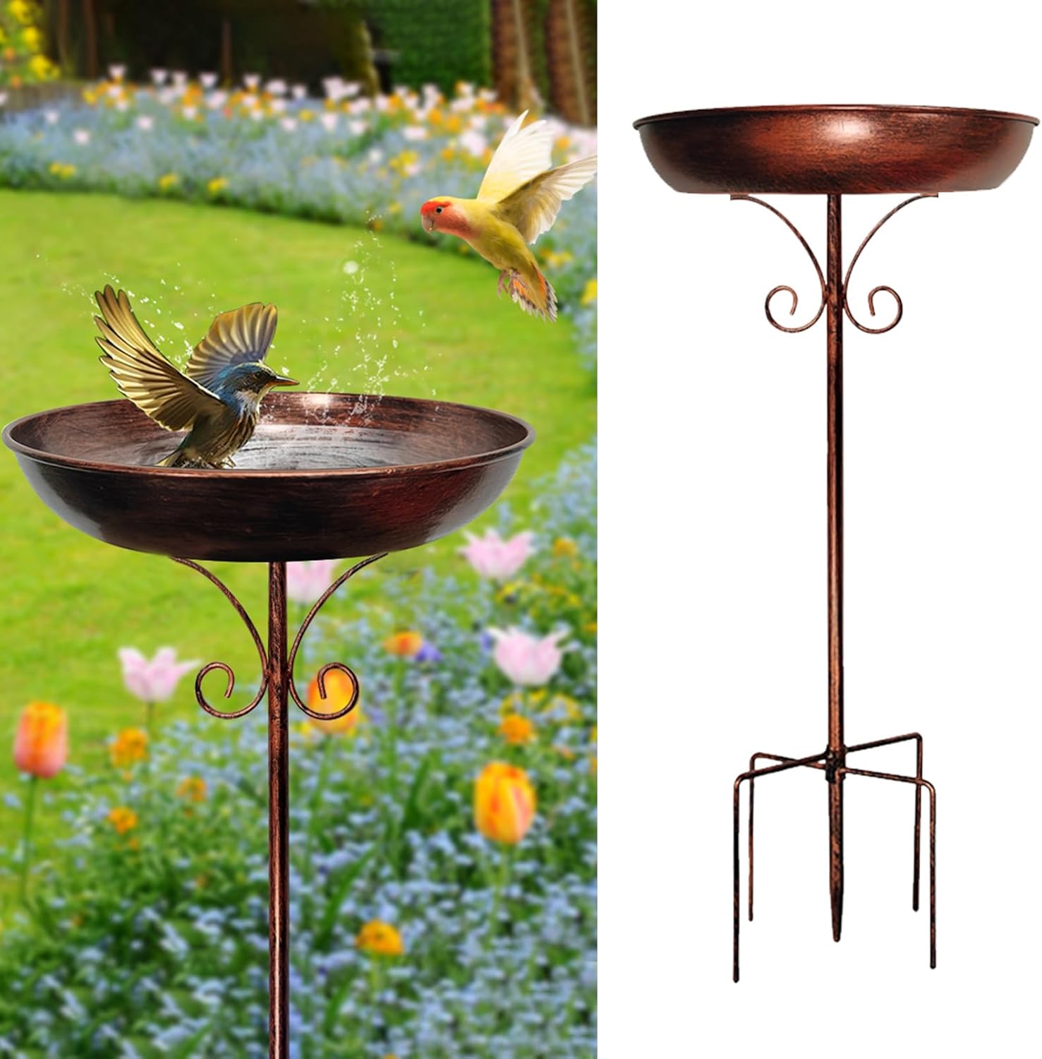 Vogelbad für den Garten Vogeltränke Stehend 35In Metall Vintage Freistehendes Vogelbad mit Stabiler 5-Zinken-Basis Vogeltränke Groß Frostsicher Winterfest (Antike Bronze)