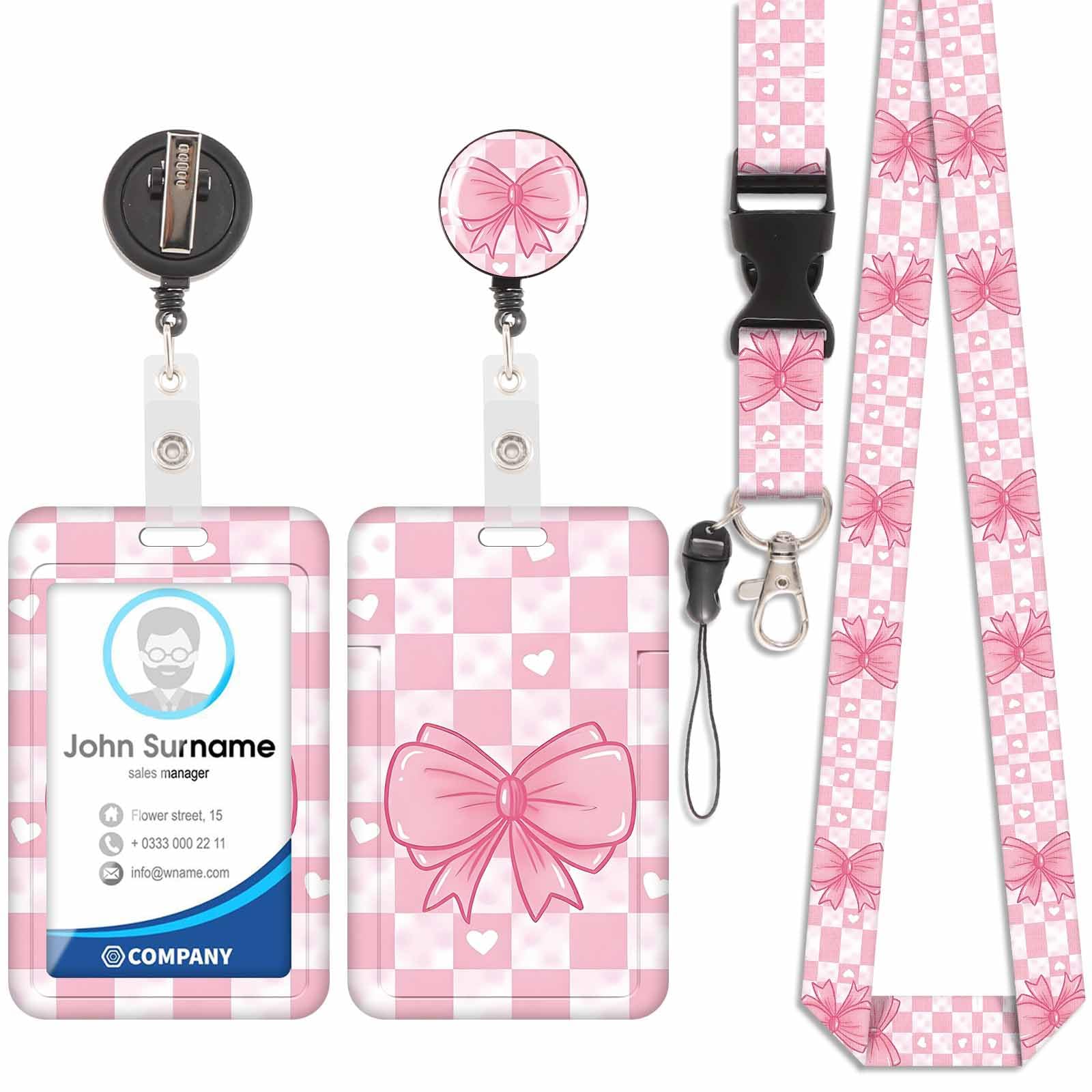 Badge Holder with Lanyard, ID Badge Holders with Detachable Cute Lanyard, Retractable Badge Reel Carabiner Clip, Personalized Vertical Card Cover Case Protector for Nurse Teacher Student (Bow-3)