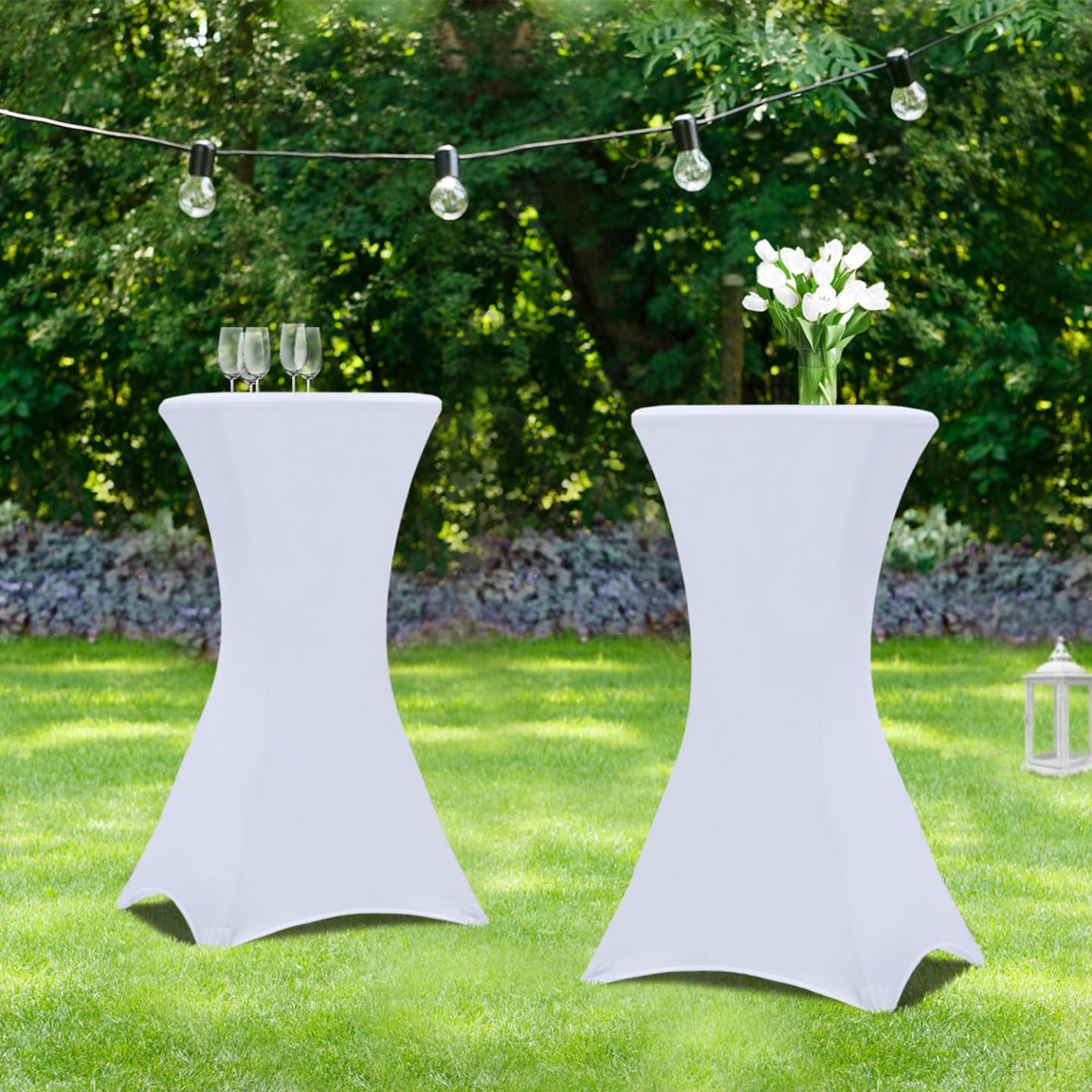 IDMarket - Set di 2 tavoli alti pieghevoli da 105 cm e 2 coperture bianche