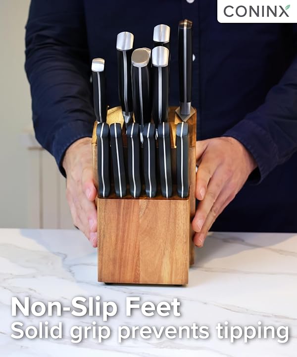 Coninx Knife Block with Built-In Sharpener – 15 Slot Acacia Wood Knife Holder for Kitchen Counter – Non-Slip Wooden Knife Organizer Stand for Chef & Bread Knives by Coninx - Image 9