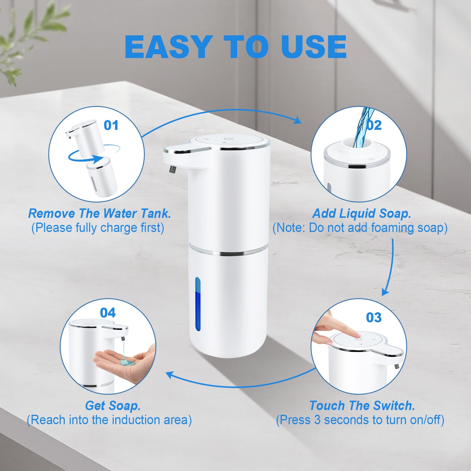 Automatischer Seifenspender Touchless - Flüssiger Handseifenspender für Badezimmer, einstellbares Volumen für dicke und dünne Flüssigkeit, USB wiederaufladbar, elektrisch, freihändiges Spülseifengel