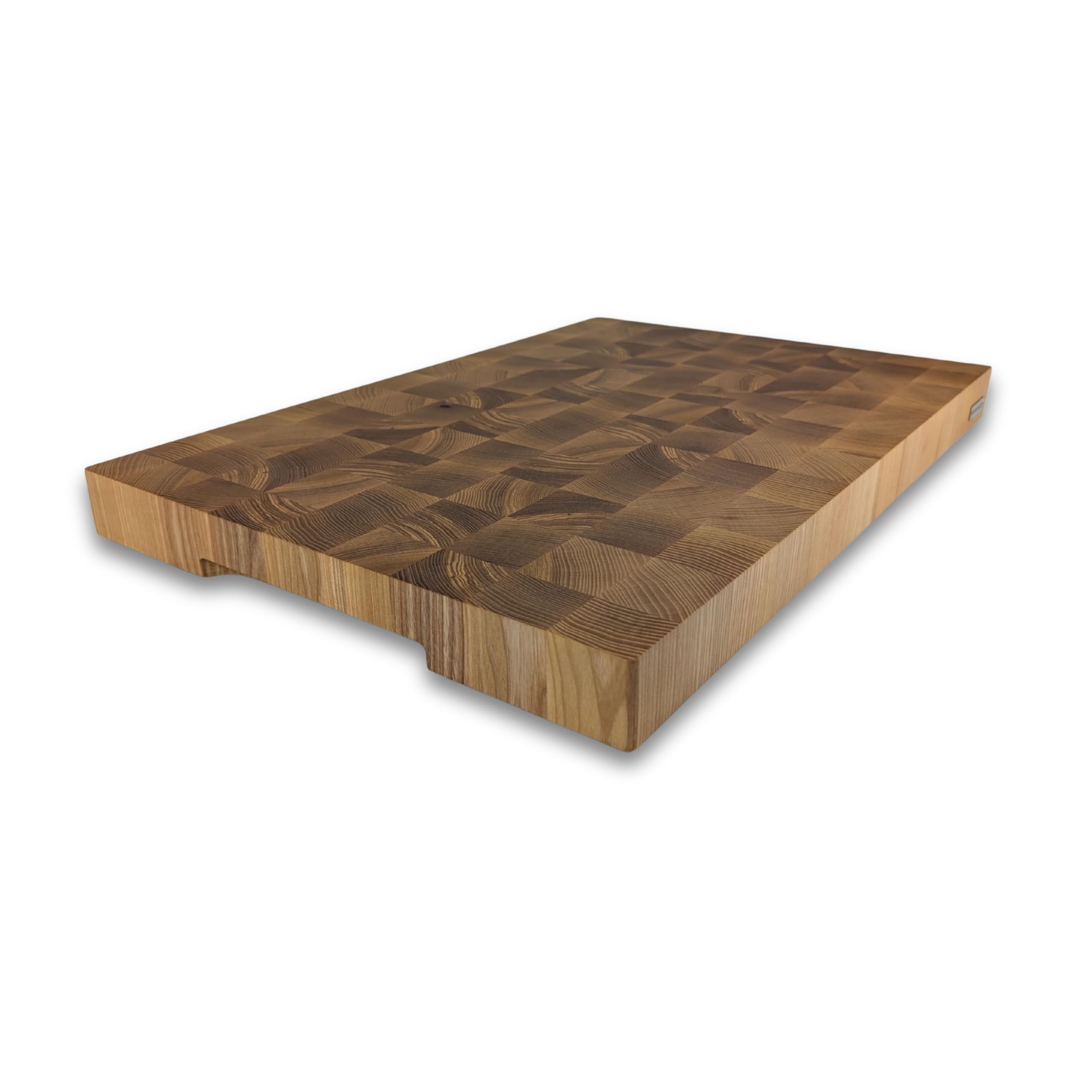 Premium Stirnholz Schneidebrett XXL aus Eschenholz – 60 x 40 x 4,5 cm Riesiger Hackblock ohne Saftrille, mit Griffmulden & Rutschfesten Silikonfüßen – Handgemacht in Manufaktur