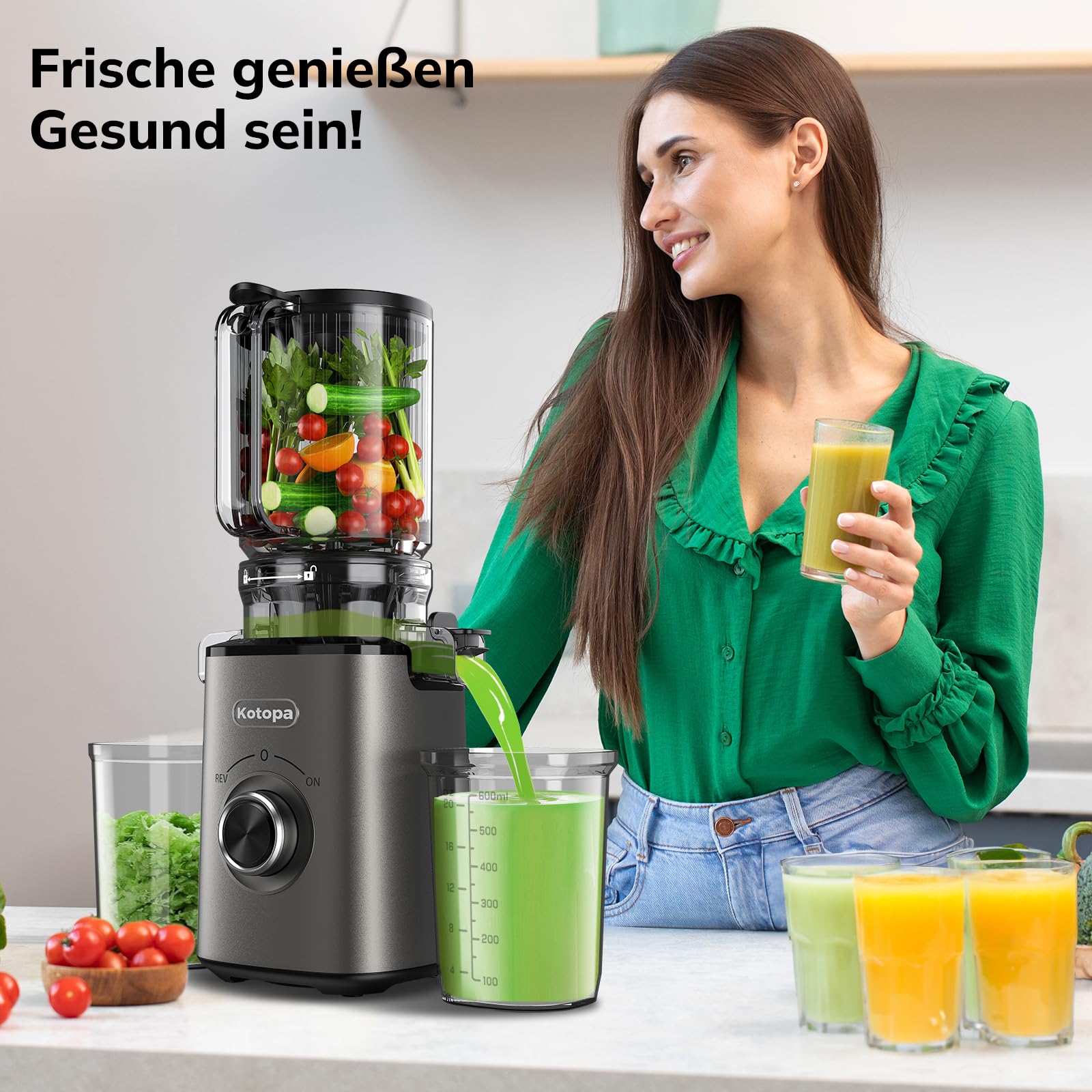 Kotopa Entsafter Gemüse und Obst, Slow Juicer mit 120 MM XL-Einfüllschacht, 600 mL Saftbehälter, Elektrische Kaltpress Saftpresse für Familien, Gesundheitsbewusste, Einfache Reinigung(Grau)