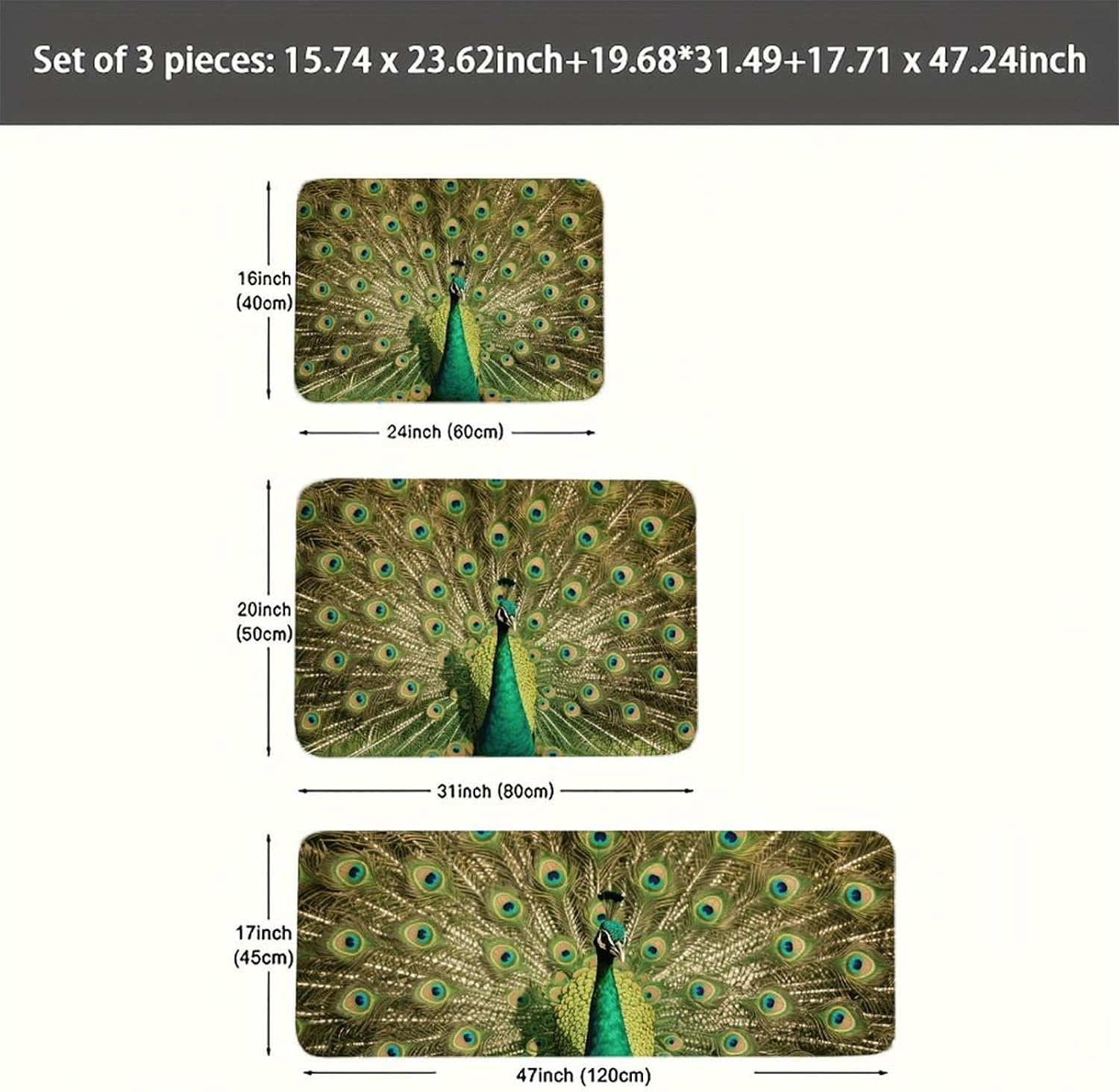 Green Peacock Kitchen Mats for Floor 3 Pcs Kitchen Rugs