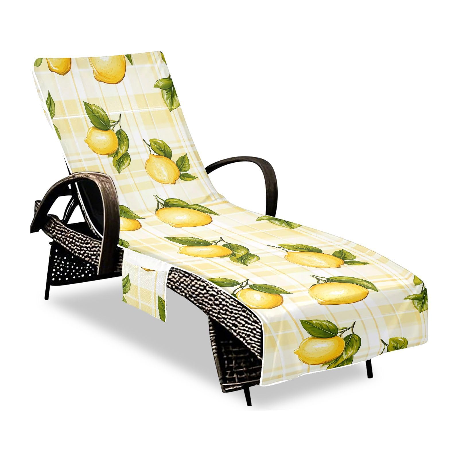 BOESI Graffiti Lemon Pattern Beach Chair Towel, Outdoor Pool Chair Cover, with Pockets, Suitable for Outdoor Beach Garden Sunbathing, 85'' x 30''