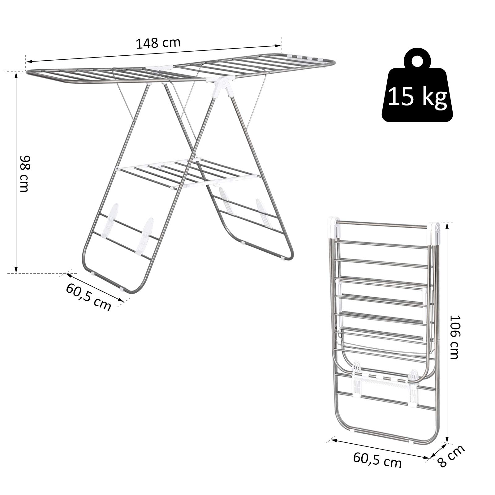 HOMCOM Stendibiancheria portatile da 1,48 m, con aste telescopiche, per interni ed esterni, colore argento e bianco
